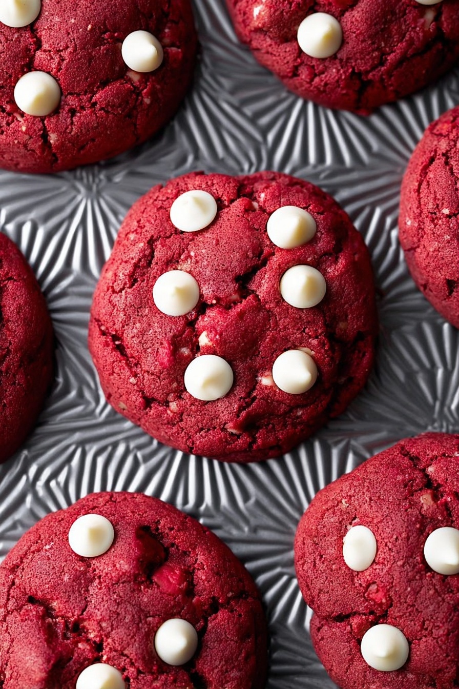 Cheesecake Stuffed Red Velvet Cookies, red velvet cookies with cheesecake filling, cheesecake stuffed cookies recipe, gooey red velvet dessert, decadent cheesecake cookies - The image shows five thick red cookies with a soft texture, each dotted with several smooth white chocolate chips that stand out clearly against the rich red surface. The cookies are arranged on a metallic tray with a geometric, sunburst pattern, adding contrast with its shiny gray color and textured details. The red color of the cookies is deep and even, with slight cracks that give a sense of softness inside. The light reflects subtly on the white chocolate chips and the textured tray beneath. photo taken with an iphone --ar 2:3 --v 7