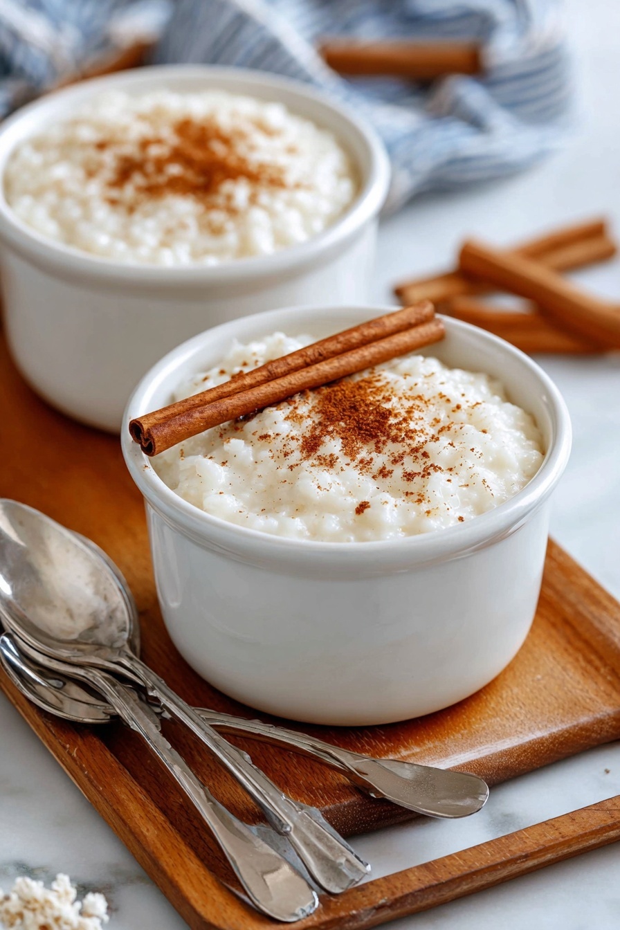Creamy Rice Pudding with Vanilla and Cinnamon, rice pudding recipes, comforting dessert ideas, easy rice pudding, homemade rice pudding - A white pot filled with creamy rice pudding sprinkled with light brown cinnamon powder on top, with a whole cinnamon stick resting on the rim of the pot. A spoon held by a woman's hand lifts a spoonful of the pudding, showing soft, plump rice grains coated in thick, white cream with a light dusting of cinnamon. In the background, another white bowl contains more rice pudding with cinnamon on top, set on a white marbled surface. The scene is softly lit, highlighting the smooth texture and warm tones of the dessert. photo taken with an iphone --ar 2:3 --v 7