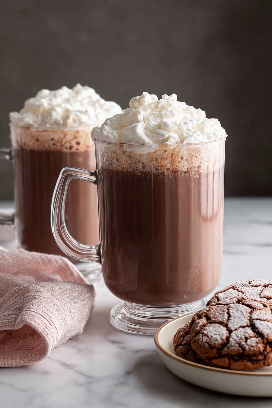 Homemade Hot Chocolate, easy hot chocolate recipe, creamy hot chocolate, rich hot chocolate drink, winter warm-up recipes - The image shows a clear glass mug filled with dark brown hot chocolate as the bottom layer, topped with a thick, fluffy layer of white whipped cream that is swirled and slightly peaked in the center, filling the mug to the top. The mug rests on a white marbled surface beside a brownish checkered cloth on the left and a white plate with dark brown cookies with cracked tops slightly visible on the lower right. Photo taken with an iphone --ar 2:3 --v 7