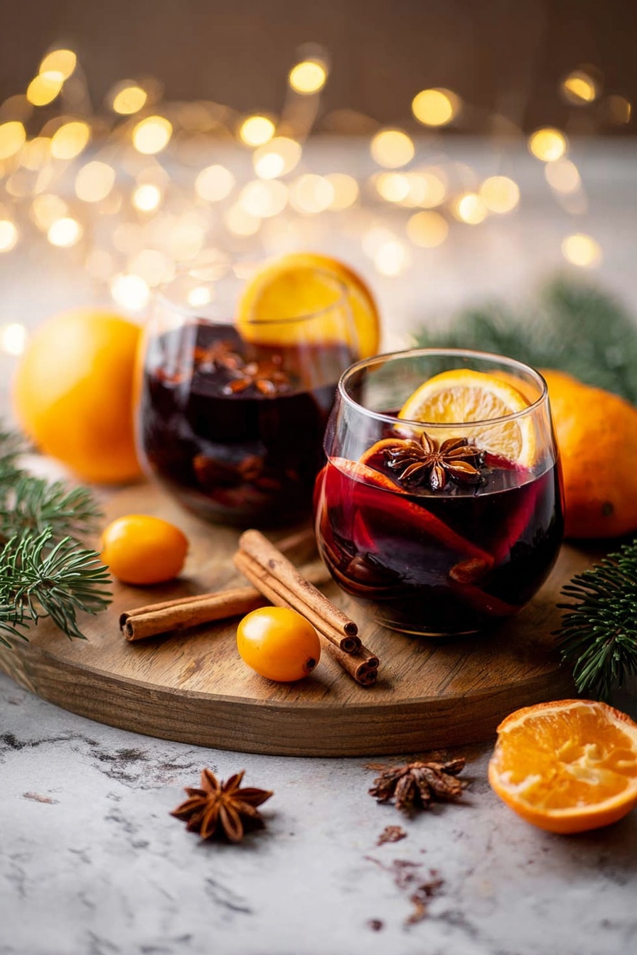 Easy German Mulled Wine, German Mulled Wine, Spiced Mulled Wine, Cozy Winter Drinks, Holiday Mulled Wine - Two round glasses filled with dark red mulled wine sit on a wooden board, each glass holding a large orange slice, a cinnamon stick, and a star anise floating on top. Around the glasses are small bright orange kumquats, some whole and one sliced open, as well as a halved orange showing its juicy texture. Cinnamon sticks and star anise are scattered near the glasses, with some pine branches adding a natural touch. The scene is set against a soft glowing background with yellow fairy lights and a white marbled surface below, creating a warm and cozy feeling. Photo taken with an iphone --ar 2:3 --v 7