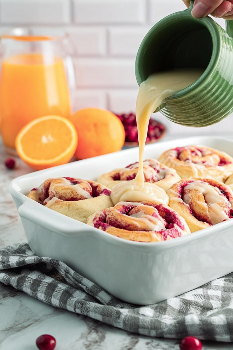Cranberry Orange Sweet Rolls, citrus cranberry breakfast rolls, fluffy cranberry orange pastry, easy sweet rolls with cranberries, holiday orange cranberry baked goods - The image shows a white rectangular baking dish holding six cinnamon rolls covered with a thick white icing that has some visible red berry pieces mixed in. The rolls have a light golden color underneath the icing, with swirls of red berries inside the dough. In the background, there is a small white bowl filled with dark red cranberries and slices of bright orange orange fruit. The dish is placed on a white marbled surface with a gray and white checkered cloth partially visible under the dish. Photo taken with an iphone --ar 2:3 --v 7