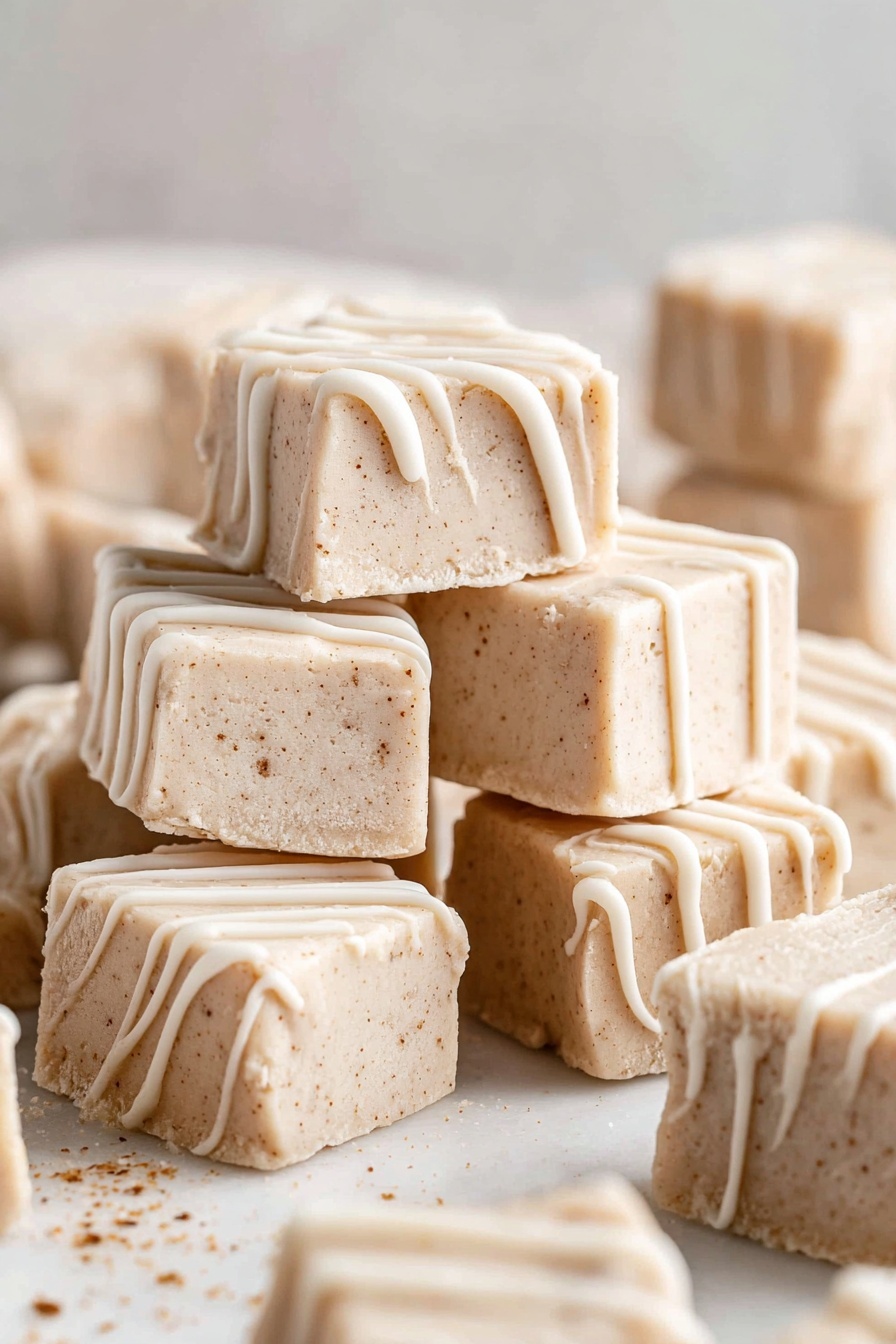 Cinnamon Roll Fudge Delight, cinnamon roll fudge, white chocolate cinnamon fudge, cinnamon dessert recipes, easy cinnamon fudge - The image shows many pieces of light beige fudge with a smooth, slightly speckled texture, stacked and spread out on a white marbled surface. Each piece is square or round and has creamy white icing drizzled in zigzag patterns on top, with some icing dripping down the sides. The fudge looks soft and dense, with small brown specks that add detail to the color. The soft background is blurred and neutral, keeping the focus on the fudge pieces. Photo taken with an iphone --ar 2:3 --v 7
