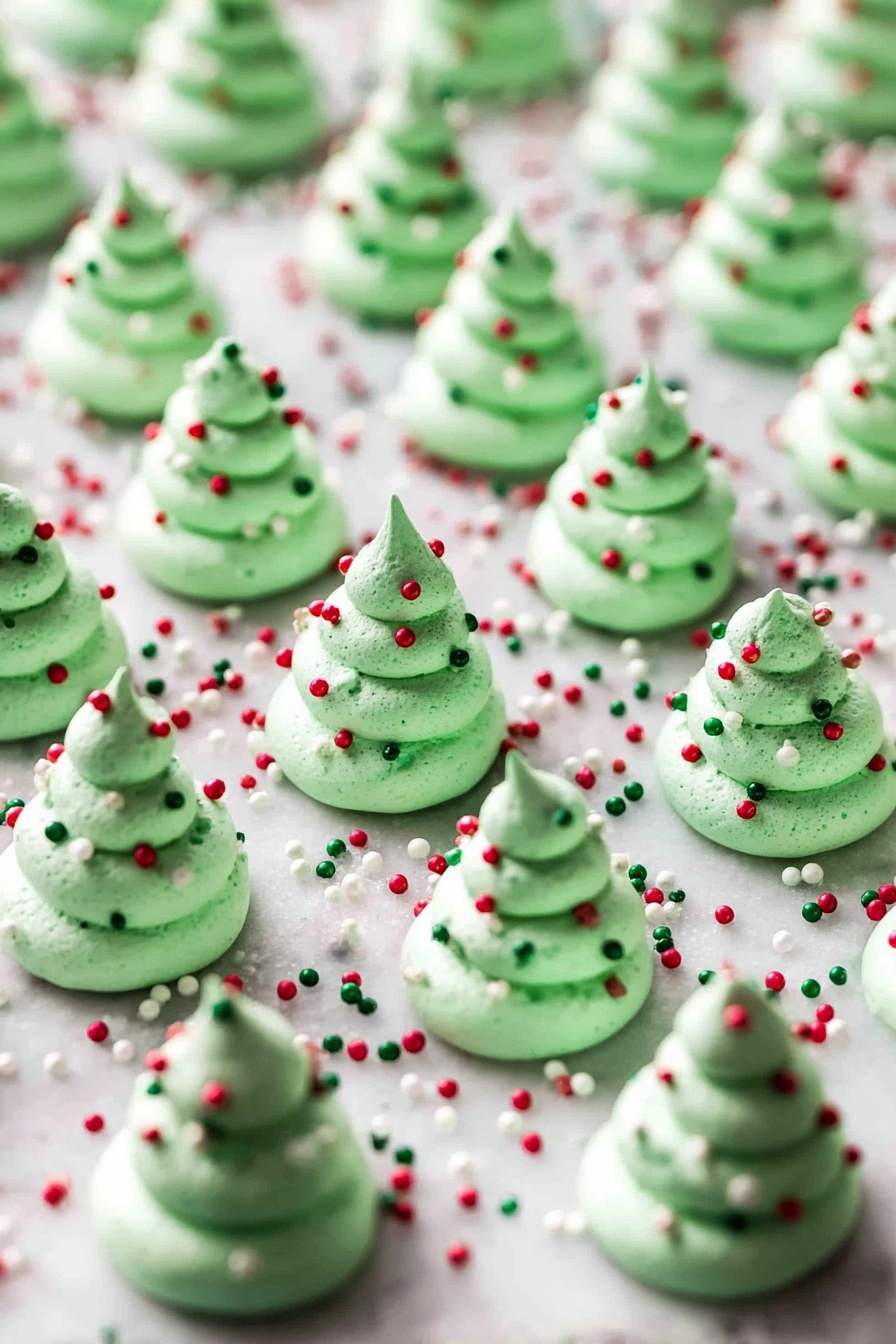Green Christmas Meringues Best Christmas Meringues Festive Holiday Meringue Treats Easy Holiday Desserts - The image shows many small, green meringue cookies shaped like tiny Christmas trees arranged in neat rows on a white marbled surface. Each meringue has three swirling layers that get smaller as they go up, giving a pointed top. The green meringues are decorated with round red, white, and green sprinkles scattered evenly on each layer and on the surface around them. The overall look is festive and bright with a soft texture and shiny finish. photo taken with an iphone --ar 2:3 --v 7