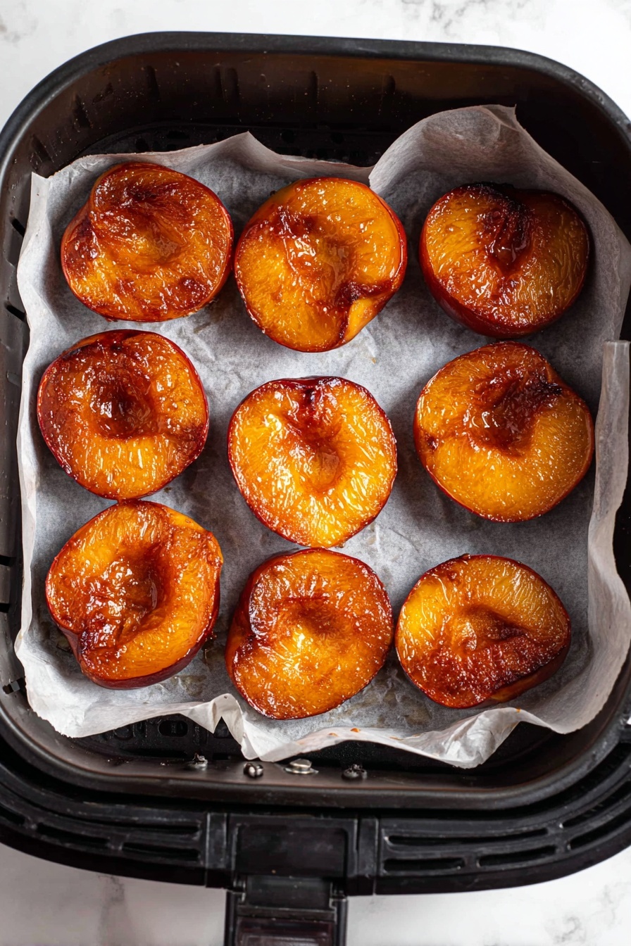 Air Fryer Peaches with Cinnamon, air fryer peach dessert, caramelized cinnamon peaches, quick fruit dessert, healthy peach recipes - The image shows eight halved peaches placed inside a black air fryer basket lined with white parchment paper. Each peach half has a rich reddish-orange color with a shiny, caramelized texture, showing a light glaze over the surface. The peaches are arranged in two uneven rows, filling most of the basket's flat base. The background visible outside the air fryer is a white marbled texture. photo taken with an iphone --ar 2:3 --v 7