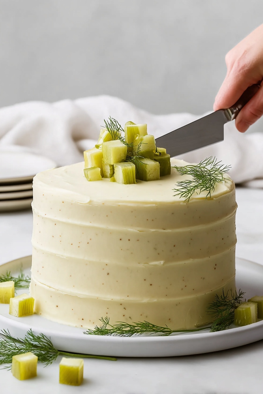 Dill Pickle Cake, savory sweet cake with pickles, unique pickle dessert, tangy dill cake, best Dill Pickle Cake recipe - A smooth, pale yellow layered cake with four visible layers is placed on a white plate. The cake is covered evenly with creamy frosting that has faint specks and gentle ridges around the sides. On top, there is a pile of small, greenish-yellow cube-shaped pieces with a few sprigs of fresh dill arranged around them and scattered at the base of the cake. A woman's hand holding a small knife is gently slicing into the top of the cake. The setup is on a white marbled surface with a soft white cloth in the background. Photo taken with an iphone --ar 2:3 --v 7