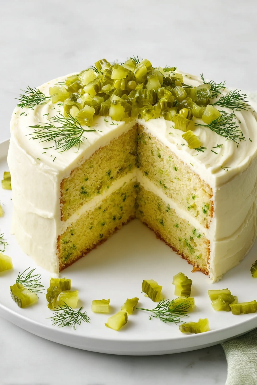 Dill Pickle Cake, savory sweet cake with pickles, unique pickle dessert, tangy dill cake, best Dill Pickle Cake recipe - A two-layer round cake with light yellow-green sponge that has small green herb pieces inside is shown on a white plate. Between the layers is a thin layer of smooth off-white frosting, which also covers the outside of the cake evenly with soft swirls. On top of the cake there is a pile of small diced green pickles and a few sprigs of fresh green dill. More diced pickles and dill pieces are scattered artfully on the white plate around the cake, all placed on a white marbled surface. Photo taken with an iphone --ar 2:3 --v 7