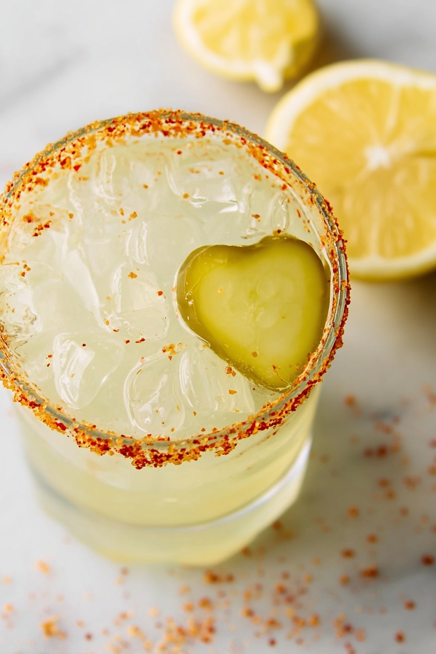 Dill Pickle Margarita, Dill Pickle Margarita Recipe, Unique Margarita Cocktails, Summer Margarita Drinks, Refreshing Pickle Cocktails - A clear, ribbed glass filled with a pale yellow drink, showing condensation on the outside. The glass is topped with large, clear ice cubes and garnished with a thick green lime wedge on the rim. The rim of the glass is coated with bright red chili powder, creating a colorful contrast against the light drink and white marbled surface it sits on. Blurred lemon wedges are faintly visible in the background, adding a fresh, summery feel to the image. photo taken with an iphone --ar 2:3 --v 7