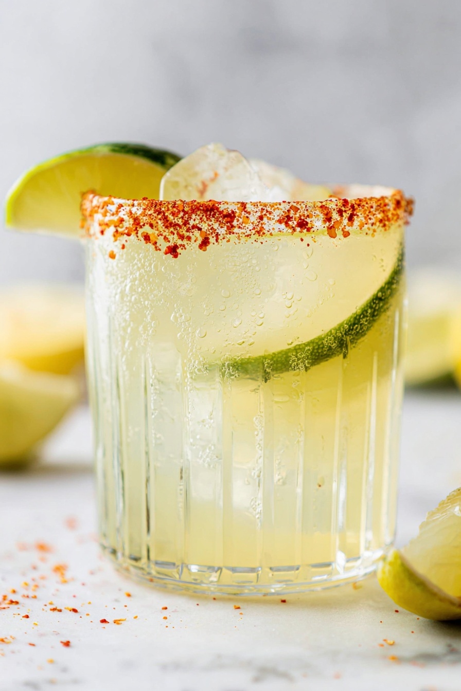Dill Pickle Margarita, Dill Pickle Margarita Recipe, Unique Margarita Cocktails, Summer Margarita Drinks, Refreshing Pickle Cocktails - The image shows a close-up of a clear glass filled with ice cubes and a pale yellow drink. The rim of the glass is coated with coarse reddish-orange seasoning. Inside the drink, there is a thin pickle slice shaped like a heart, floating near the top. In the background, there are two lemon halves placed on a white marbled surface. The photo was taken with an iphone --ar 2:3 --v 7