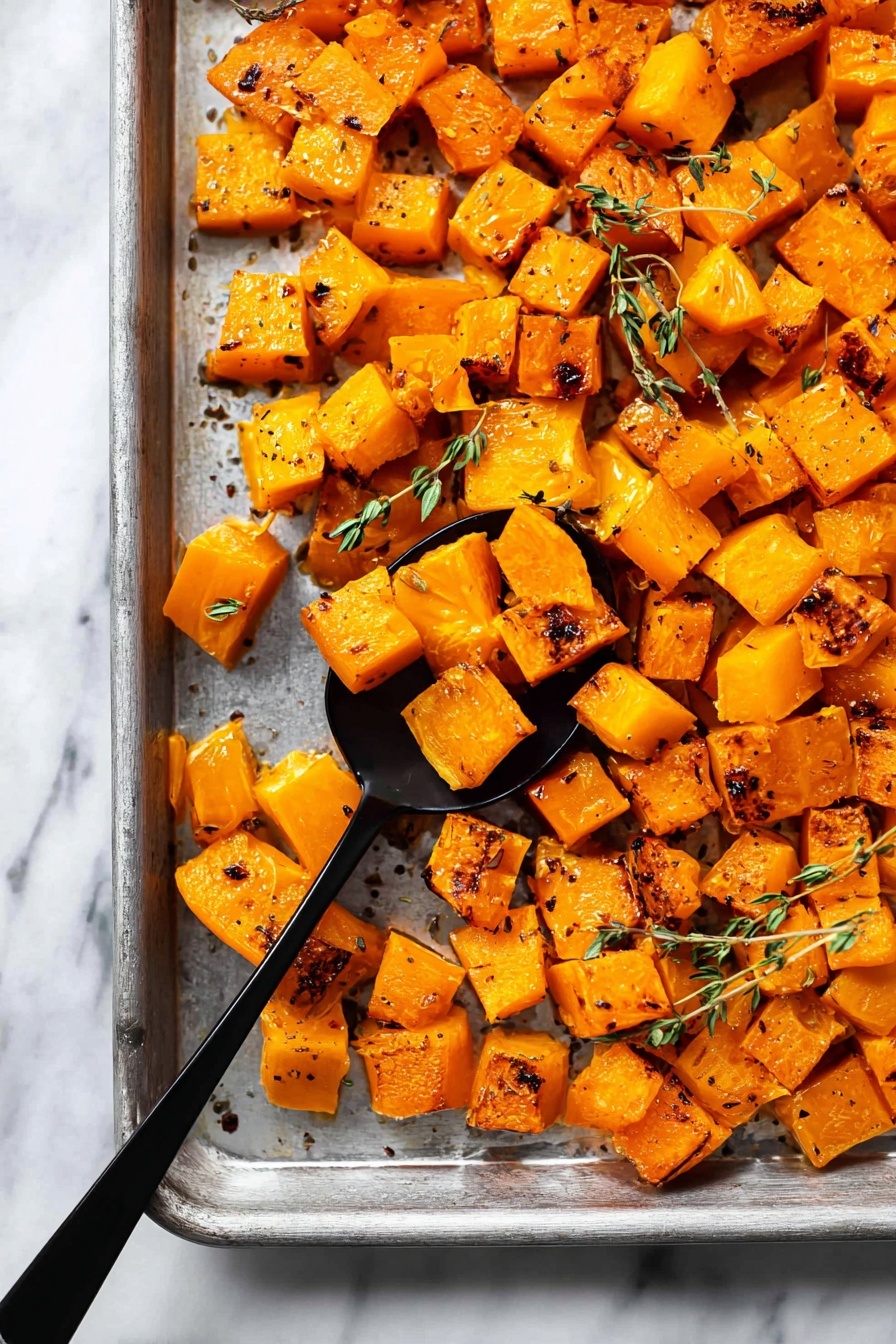 Roasted Butternut Squash with Brown Butter, butternut squash side dish, roasted squash recipe, buttery roasted vegetables, cozy fall vegetable recipes - This image shows a baking tray filled with roasted orange cubes of butternut squash, evenly spread out in one layer. The squash pieces have a mix of smooth and slightly charred edges with light browning, and tiny dark seasoning bits are scattered on top. There are small green thyme sprigs placed randomly among the squash. A black spoon is scooping a portion of the roasted squash from the tray, creating a slight gap showing the metallic tray surface beneath. The tray is set on a white marbled surface. photo taken with an iphone --ar 2:3 --v 7