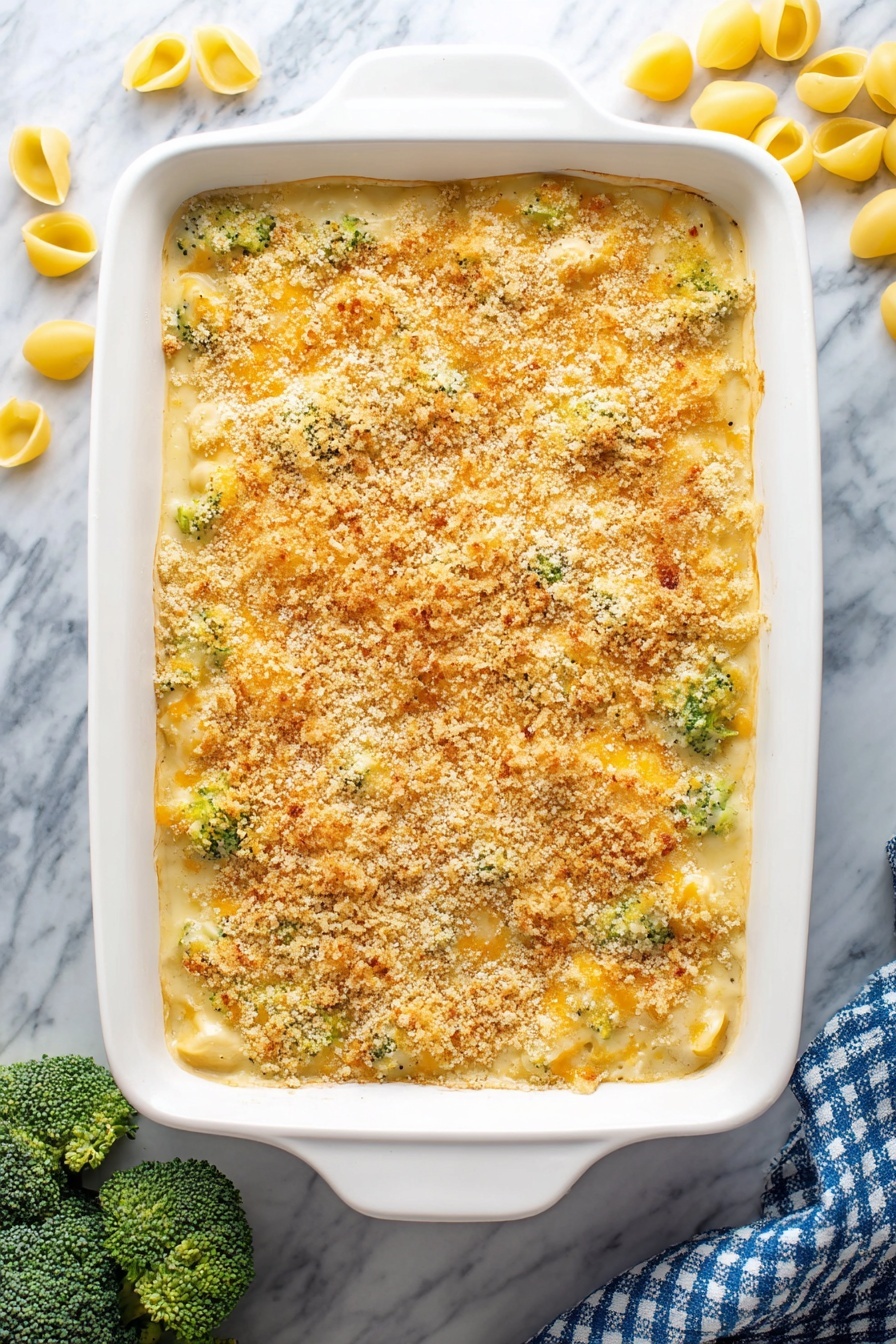 Baked Broccoli Mac and Cheese, cheesy baked pasta with broccoli, healthy broccoli mac and cheese, easy baked mac and cheese, creamy broccoli pasta bake - A white rectangular baking dish filled with a baked casserole that has three visible layers: the bottom layer is a smooth pale yellow base, the middle layer contains green broccoli pieces mixed into a creamy sauce, and the top layer is golden brown melted cheese covered with a crunchy light brown breadcrumb topping. The casserole edges show some bubbling and slight browning. Around the dish on a white marbled surface are yellow pasta shells and broccoli florets, with a blue and white checkered cloth on the right side. Photo taken with an iphone --ar 2:3 --v 7