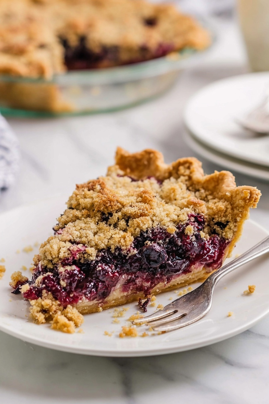 Blueberry Pie with Crumb Topping, blueberry pie dessert, homemade blueberry pie, easy blueberry pie recipe, fruit crumb pie - A slice of pie with three visible layers sits on a white plate. The bottom layer is a golden crust that looks firm and crisp. Above that is a thick, creamy layer mixed with dark purple berries that spill slightly on the plate. The top layer is a crumbly, light brown streusel topping, adding texture and contrast. A silver fork rests next to the slice, with a small piece of pie on its tine, showing a soft interior mixed with the berries. The plate and pie are on a white marbled surface, and in the background, the rest of the pie sits in a clear glass pie dish. Photo taken with an iphone --ar 2:3 --v 7
