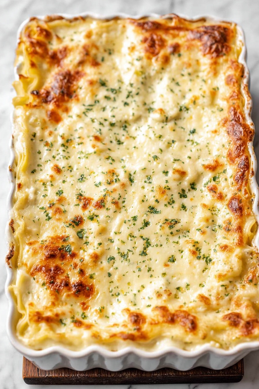 Creamy Chicken Tetrazzini Bake, easy chicken pasta casserole, cheesy chicken bake, comforting dinner recipes, weeknight chicken casserole - A white scalloped rectangular baking dish filled with a baked casserole that has multiple layers of pasta sheets covered with creamy white cheese sauce. The top layer is golden-brown and bubbly with specks of green herbs evenly spread across the surface. The edges of the pasta are slightly browned and crispy, giving a textured look to the sides. The dish rests on a white marbled surface. Photo taken with an iphone --ar 2:3 --v 7