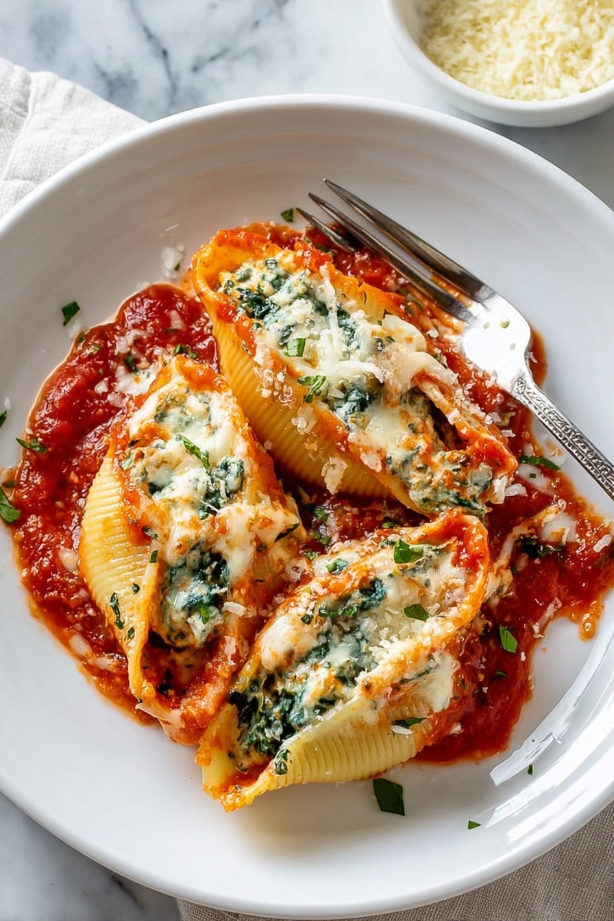 Stuffed Shells with Spinach and Cheese, Italian stuffed shells, cheesy spinach stuffed pasta, baked stuffed shells recipe, comfort food seafood? - The image shows a round white skillet filled with large pasta shells stuffed with creamy spinach and cheese, arranged in a circular pattern. Each shell is covered with melted white and orange cheese, with a rich red tomato sauce visible underneath and around the edges. The skillet rests on a white marbled surface with a soft beige cloth partially under it. A silver serving spoon with a wooden handle is scooping one stuffed shell from the right side of the skillet. In the background, there is a white bowl with grated cheese and green parsley leaves. Photo taken with an iphone --ar 2:3 --v 7