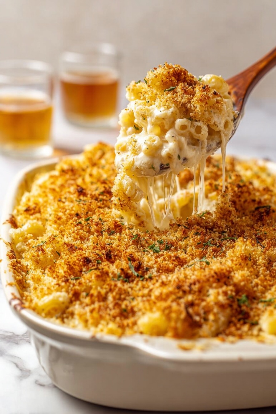 Creamy Cheddar Mac and Cheese Bake, comfort food recipe, cheesy baked pasta, homemade mac and cheese, easy cheesy casserole - A white ceramic dish is filled with baked macaroni and cheese topped with a thick layer of golden brown breadcrumbs. The pasta underneath is covered with melted creamy cheese that stretches in strings as a wooden spoon lifts a portion, showing a soft, shiny, off-white cheesy sauce holding the macaroni together. The breadcrumb topping has a rough, crispy texture with small green herb specks visible. In the background, two glasses with light brown liquid sit on a white marbled surface. Photo taken with an iphone --ar 2:3 --v 7