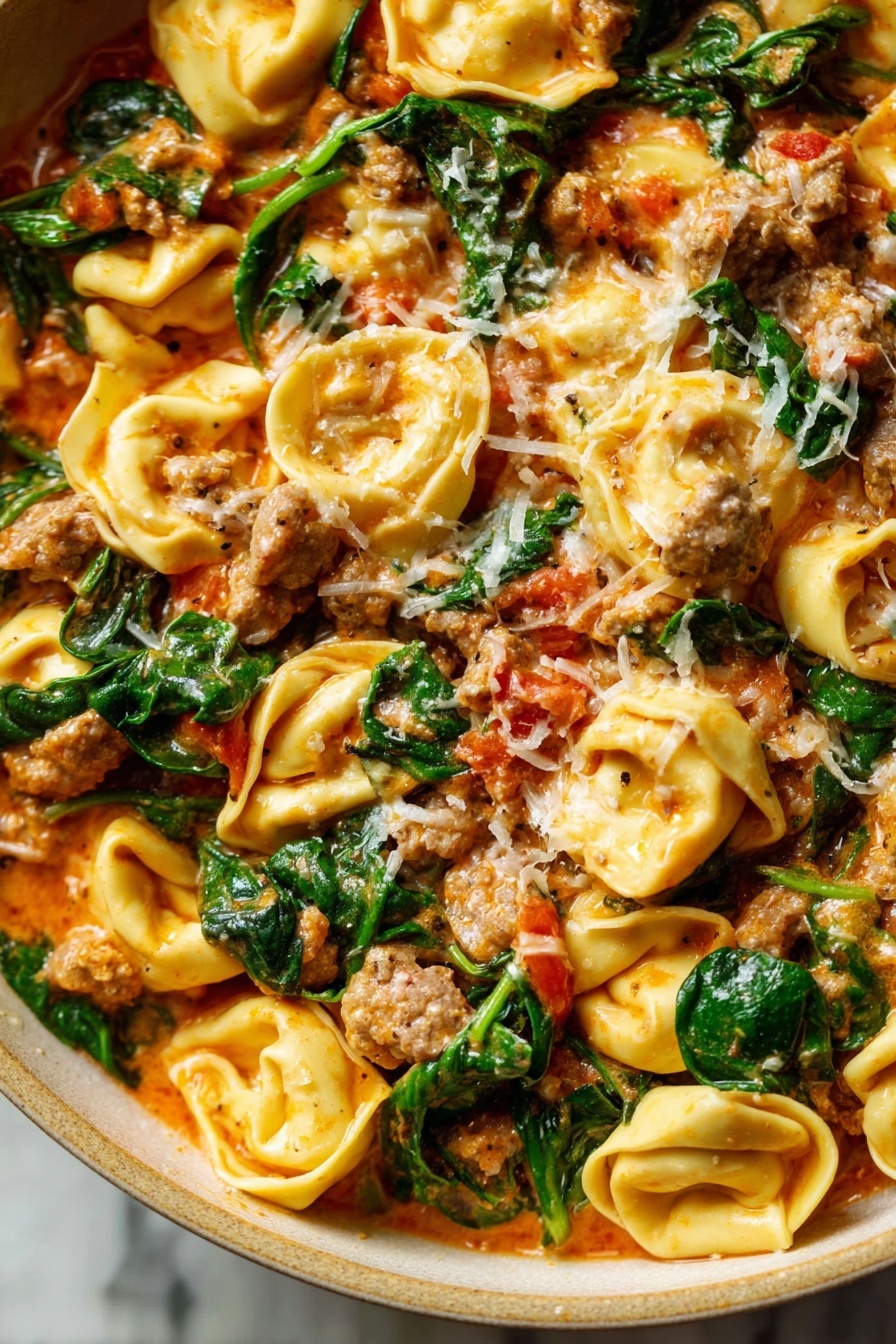 Creamy Sausage Tortellini Skillet, sausage tortellini dinner, easy one-pan pasta recipe, hearty sausage skillet, quick creamy pasta - The image shows a close-up of a dish filled with multiple layers of stuffed pasta pieces that are light yellow in color with soft, slightly wrinkled edges. Mixed in between the pasta are small chunks of light brown cooked meat and scattered bright green spinach leaves that add a fresh, leafy texture. The entire dish is coated with a creamy, light orange sauce that blends smoothly with the pasta and meat, making the ingredients look moist and rich. The colors of the pasta, meat, spinach, and sauce create a warm, inviting appearance. The photo taken with an iphone --ar 2:3 --v 7