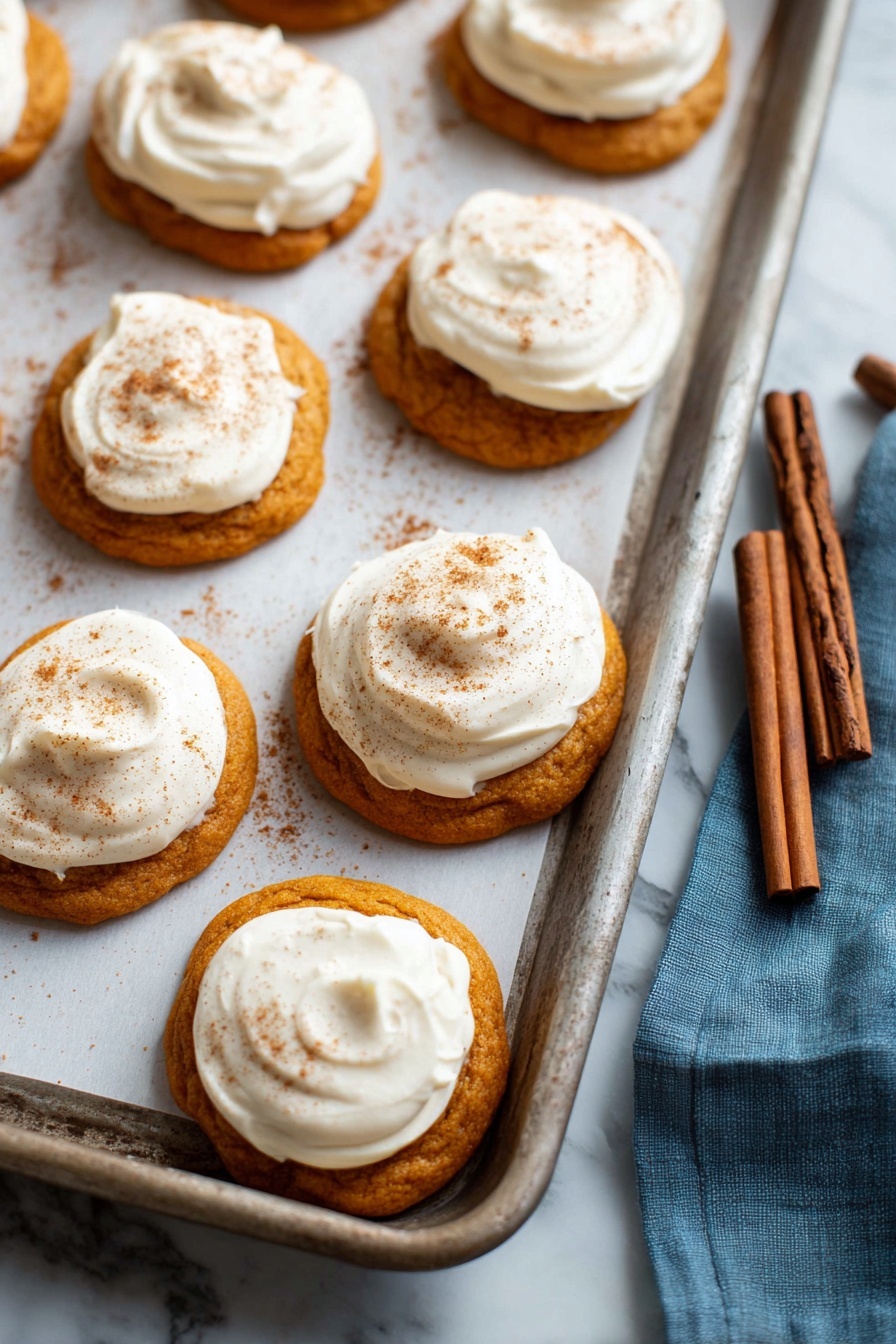 Pumpkin Cookies with Cream Cheese Frosting, fall pumpkin cookie recipe, easy pumpkin cookies, soft pumpkin cookies, pumpkin dessert ideas - The image shows a metal baking tray with white parchment paper holding several round orange-brown cookies. Each cookie has a thick layer of white creamy frosting spread unevenly on top, with a light dusting of brown spice powder sprinkled over the frosting. The cookies have a soft and slightly bumpy texture, and the edges are slightly rounded. There are two cinnamon sticks placed on the tray near the cookies on the right side. The tray is set on a white marbled surface, with a blue cloth partially visible to the right. photo taken with an iphone --ar 2:3 --v 7