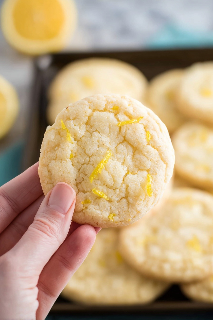 Lemon Cookies, Lemon Cookies Recipe, Lemon Cookie Ideas, Bright Lemon Cookies, Easy Lemon Cookies - A close-up image shows a woman's hand holding a single pale yellow cookie with small pieces of lemon zest on its surface. The cookie is round, slightly cracked with a soft texture, and looks thin. In the background, more similar cookies are lined up on a black tray, softly blurred, sitting on a white marbled surface. On the left side, a bit of a sliced lemon is visible but out of focus. Photo taken with an iphone --ar 2:3 --v 7