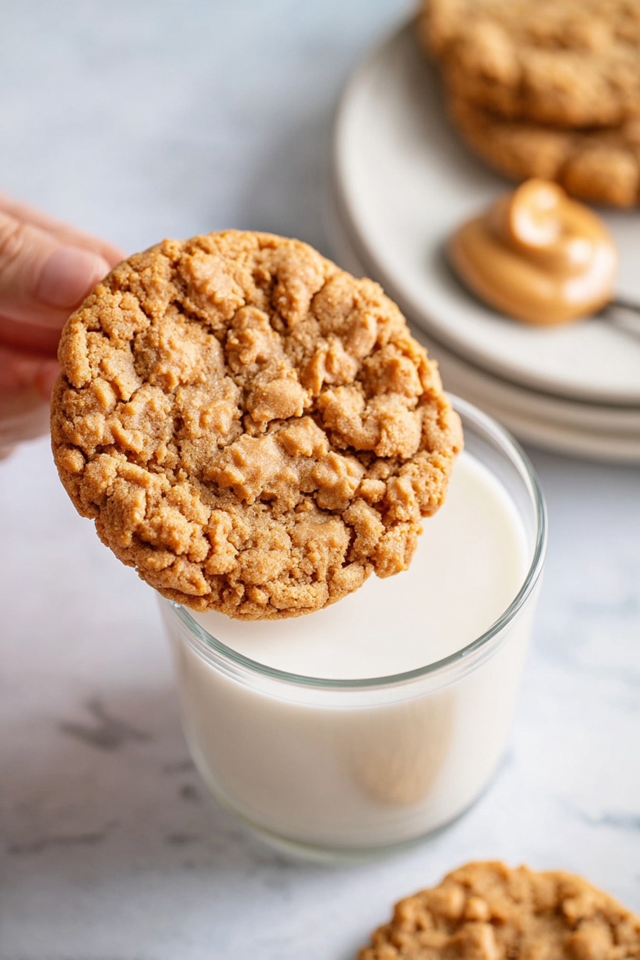 Peanut Butter Oatmeal Cookies, healthy peanut butter cookies, chewy oatmeal cookies, easy cookie recipes, nutty cookie treats - A large round cookie with a cracked, rough texture and light brown color is being held by a woman's hand above a clear glass filled halfway with white milk. In the background, on a white marbled surface, there is a stack of white plates with a spoon resting on top, holding a dollop of creamy, smooth light brown peanut butter. Another cookie is slightly out of focus near the plates. Photo taken with an iphone --ar 2:3 --v 7