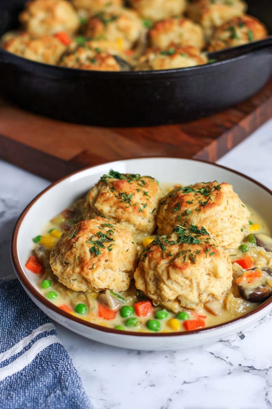 Cheddar Bay Chicken Pot Pie, cheesy chicken pot pie, cozy chicken and vegetable pie, homemade chicken pot pie with biscuits, easy comfort food recipes - The image shows a white plate filled with two golden-brown biscuit-like clusters that are round and topped with green herbs, sitting on a creamy mixture of chopped vegetables including green peas, carrots, mushrooms, corn, and pieces of shredded meat. The dish is colorful with light yellow cream, bright orange, green, and yellow veggies, and pieces of meat peeking through. In the background, there is a black cast iron skillet filled with more of the same biscuit clusters, resting on a wooden surface with a blue and white striped towel nearby. The setting is on a white marbled texture surface. Photo taken with an iphone --ar 2:3 --v 7