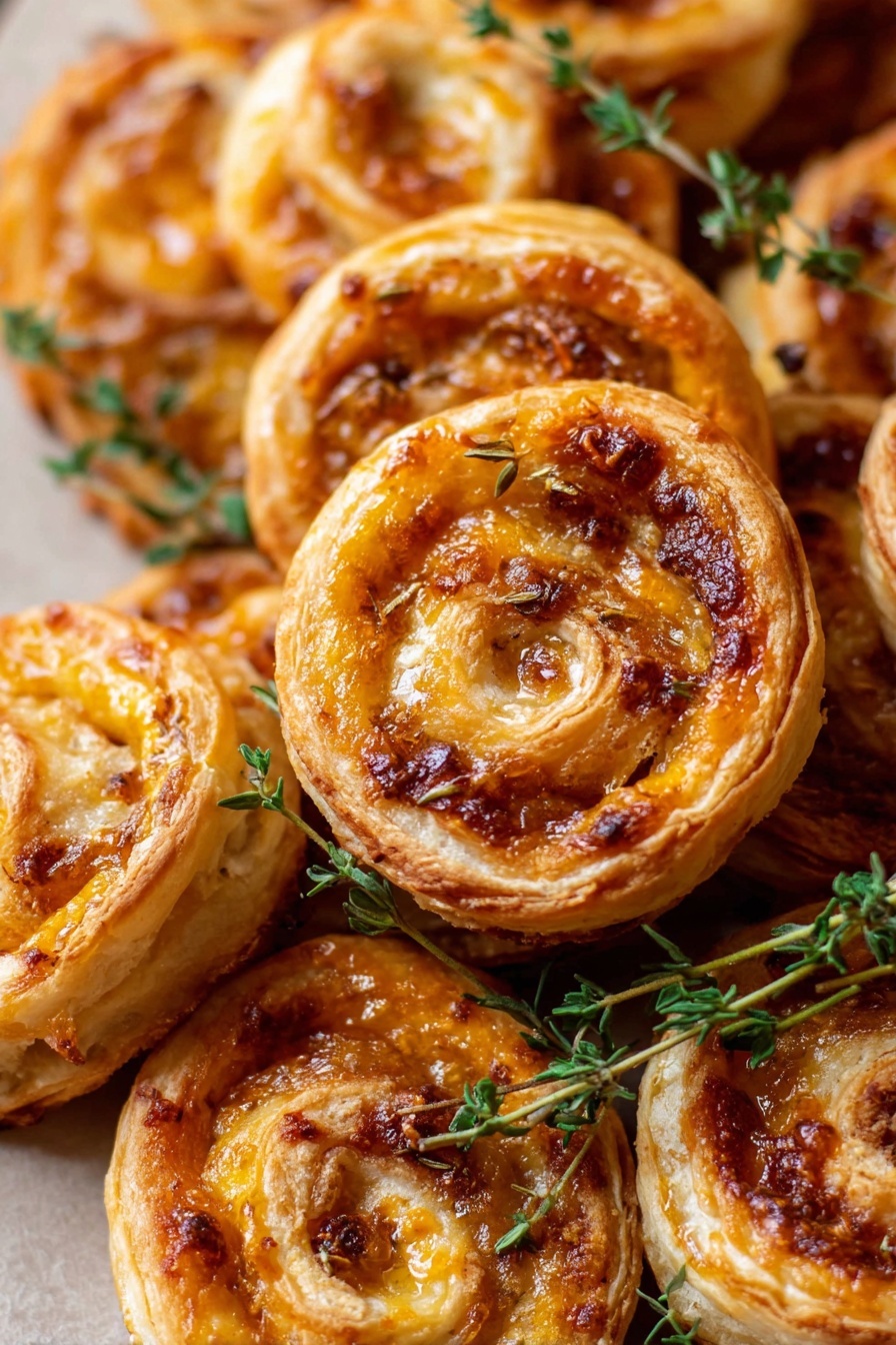 Fig and Goat Cheese Puff Pastry Pinwheels, fig and goat cheese appetizer, flaky puff pastry treats, easy savory appetizer recipes, elegant party finger foods - A pile of golden puff pastry pinwheels stacked closely together, each containing at least three visible flaky layers that are light brown and crisp. The pinwheels have a glossy, slightly caramelized surface with some melted orange cheese peeking through the spirals. Small sprigs of fresh green thyme lay scattered on and around the pinwheels, adding contrast to the warm colors. The background is a white marbled texture. photo taken with an iphone --ar 2:3 --v 7