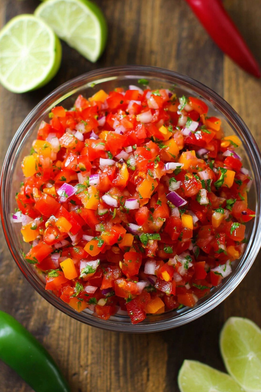 Guacamole with Creamy Cotija and Confetti Salsa, easy guacamole dip, festive party dip, Mexican-inspired chip dip, fresh salsa with cotija cheese - A clear glass bowl filled with a fresh mix of finely chopped red tomatoes, small orange bell pepper pieces, tiny bits of purple onion, and small green herb leaves, all evenly mixed together. The bowl sits on a wooden surface with lime wedges and a green chili pepper placed around it. The colors are bright and vibrant, showing a fresh and colorful salsa. photo taken with an iphone --ar 2:3 --v 7