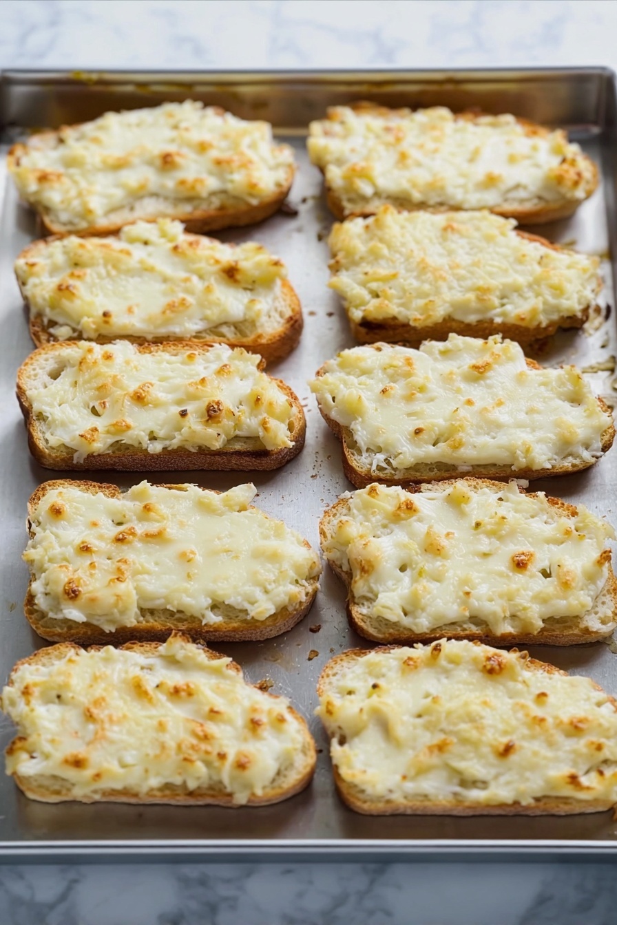 Cheesy Artichoke Bruschetta, cheesy appetizer recipes, artichoke dip ideas, easy party appetizers, starter recipes for gatherings - The image shows a metal baking tray filled with small pieces of toasted bread, each topped with a creamy, pale yellow spread that is slightly browned on top. The spread appears thick and textured with small bits, giving a bubbly look where it has been baked. The bread slices are arranged in neat rows, all evenly coated with the topping which softly melts over the edges of the bread. The tray sits on a white marbled surface. photo taken with an iphone --ar 2:3 --v 7