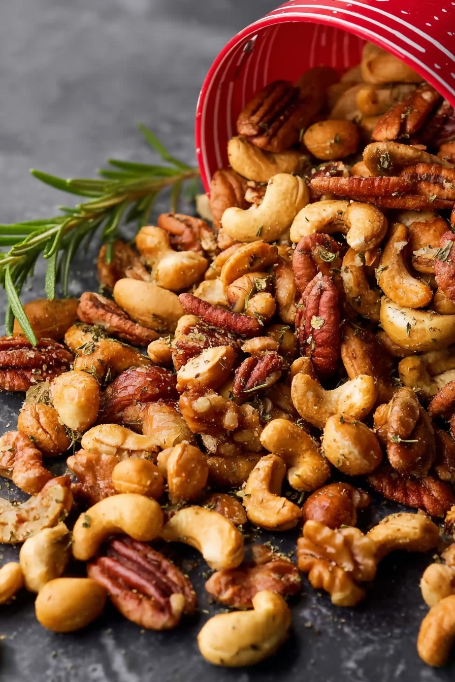 Spiced Oven-Roasted Nuts, spiced nut recipe, crunchy roasted nuts, easy nut snacks, homemade spiced nuts - A close-up image shows a mix of nuts spilling out from a red-striped container onto a dark surface. The nuts include cashews, pecans, walnuts, and peanuts, all roasted to a golden-brown color and lightly seasoned with small bits of herbs and spices, creating a textured and crunchy look. A sprig of fresh rosemary rests near the nuts, adding a touch of green to the warm palette. The white marbled texture background highlights the rich colors of the nuts and container, giving the scene a fresh, natural feel. photo taken with an iphone --ar 2:3 --v 7