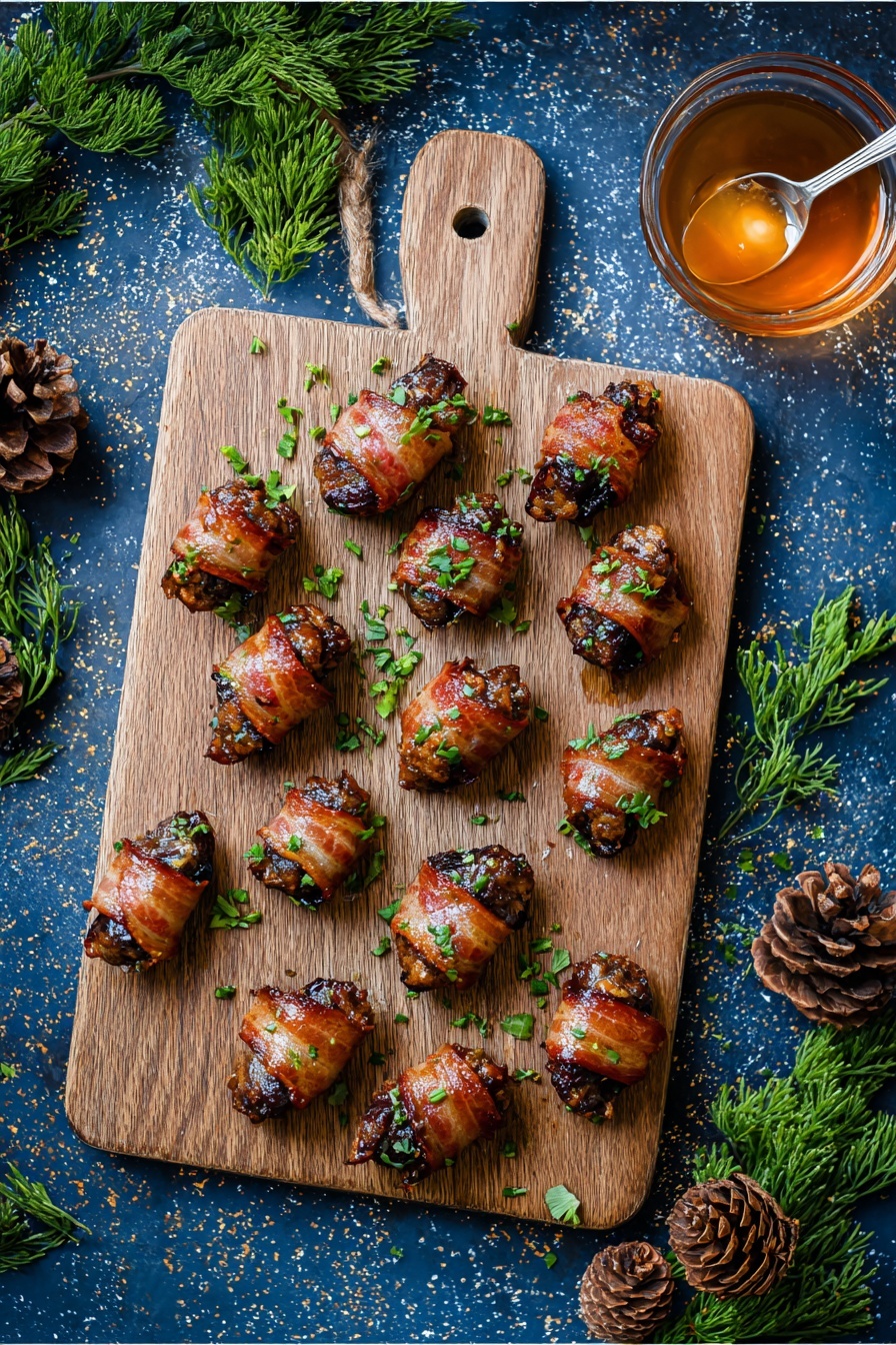Bacon-Wrapped Dates with Goat Cheese, Date Appetizer Ideas, Easy Party Finger Foods, Savory Bacon Dates, Elegant Holiday Appetizer - The image shows a wooden board with seven small food pieces neatly arranged on it. Each piece has three visible layers: a dark brown, wrinkled date at the base, wrapped by a shiny, crisp, golden-brown bacon strip, and topped with small green herb leaves. The bacon looks slightly glazed with a glossy texture and the herbs add a fresh pop of color. The wooden board has a natural grain pattern with soft light highlighting the juicy textures. The background is a white marbled texture. photo taken with an iphone --ar 2:3 --v 7