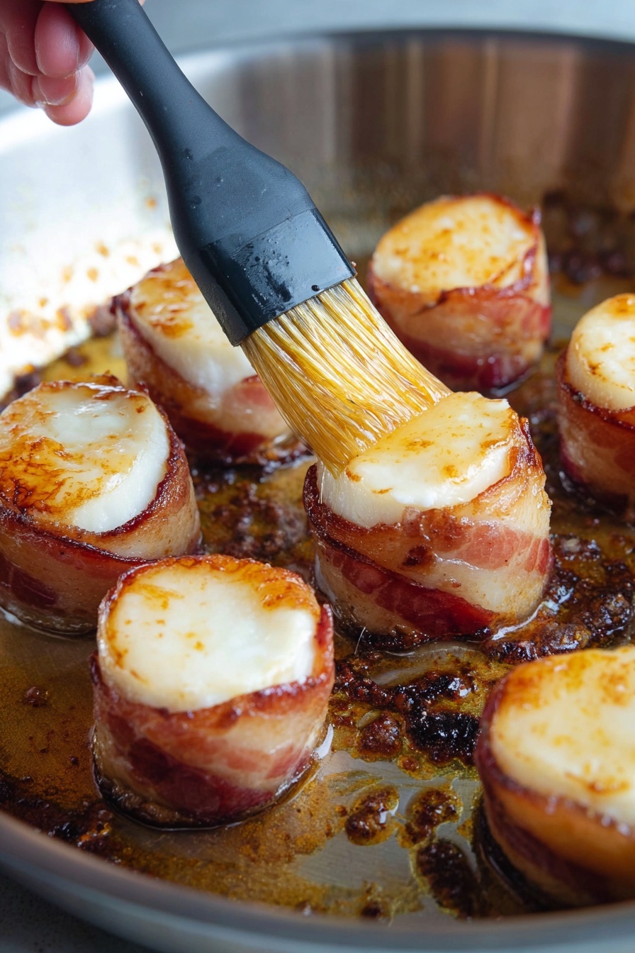 Bacon-Wrapped Scallops with Garlic Butter, scallops wrapped in bacon, garlic butter scallops appetizer, surf and turf seafood recipe, easy seafood appetizer - The image shows several round pieces of food in a metal pan; each piece has two layers, a light golden-brown top layer with a soft texture that looks like melted cheese or a similar item, and a bottom layer wrapped in crispy bacon with visible toothpicks holding the layers together. A woman's hand holds a black brush with transparent yellow bristles, spreading a shiny glaze over one of the food pieces, giving it a glossy finish. The pan has some brown crispy spots and oil around the food, indicating cooking in progress. photo taken with an iphone --ar 2:3 --v 7