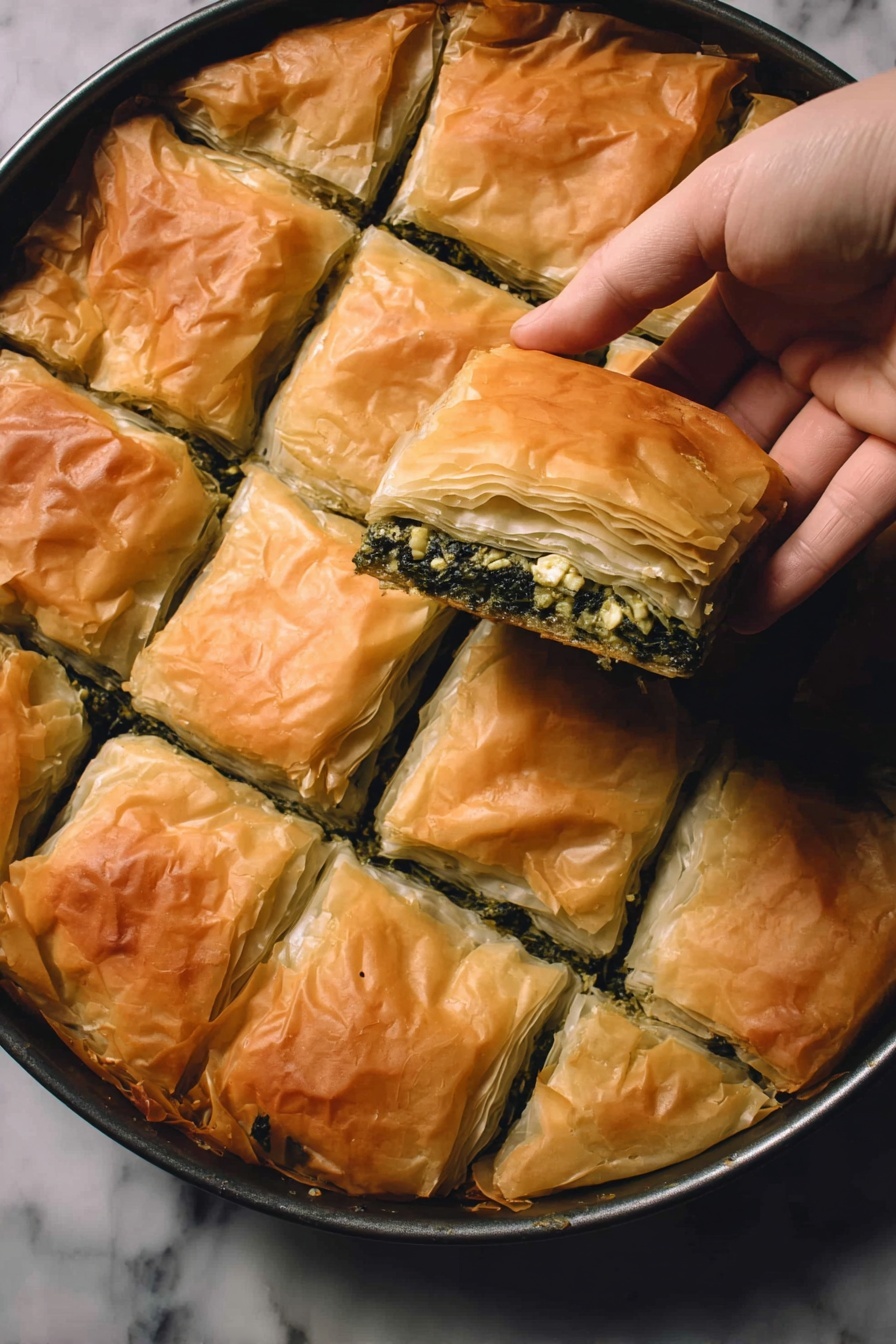 Homemade Spinach Spanakopita with Phyllo, Greek spinach pie recipe, homemade spanakopita, flaky phyllo spinach pie, Greek savory pie - The image shows a round baking pan with a pastry cut into nine square pieces. The top layer is golden brown, flaky, and slightly wrinkled. Inside, there are several visible thin layers with a green leafy filling. A woman's hand is holding one piece above the pan, showing the layered texture clearly. The dark green filling contrasts with the light golden pastry layers. All is placed on a surface with a white marbled texture. photo taken with an iphone --ar 2:3 --v 7