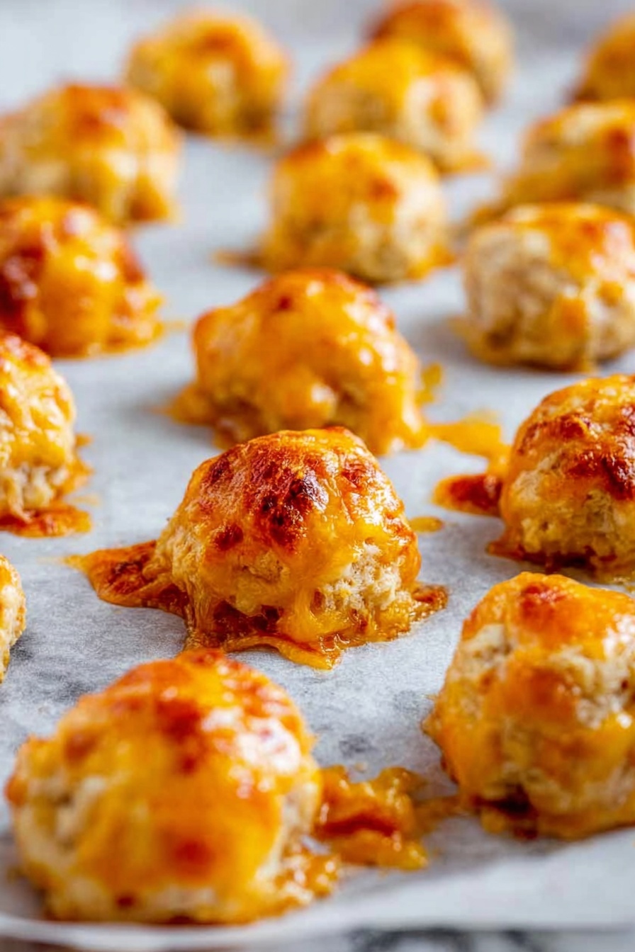 Cream Cheese Sausage Balls, sausage ball recipe, cheesy sausage bites, easy appetizer recipes, crowd-pleasing snacks - The image shows many small round cheese balls baked on white parchment paper placed on a white marbled surface. Each ball has a rough, lumpy texture with golden orange melted cheese oozing on top and slightly browned edges where the cheese has crisped, creating a shiny, rich look. The cheese has spread a bit around the base, making crispy orange patches on the paper. The lighting highlights the shiny and slightly crunchy texture of the melted cheese, with some cheese balls in soft focus in the background, all arranged in rows. photo taken with an iphone --ar 2:3 --v 7