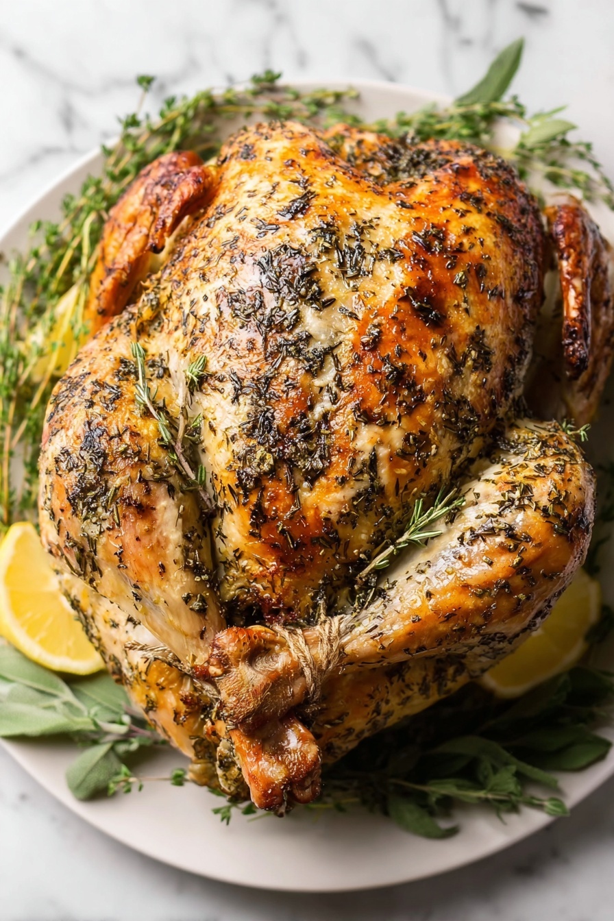 Herb Butter Roast Turkey, Roast Turkey with Herb Butter, Juicy Roast Turkey, Crispy Skin Roast Turkey, Easy Roast Turkey Recipe - A fully roasted whole bird with a golden brown and slightly shiny skin covered in a mix of black and green dried herbs, placed in the center of a white plate. The bird's legs are tied close to the body, and the wings are tucked underneath. Surrounding the bird, there are fresh green herb sprigs and slices of lemon peeking out under the edges. The plate sits on a white marbled surface. photo taken with an iphone --ar 2:3 --v 7