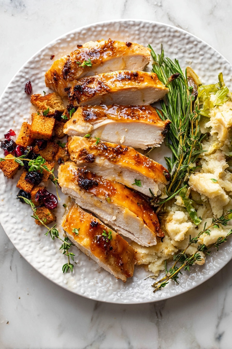 Roasted Turkey Breast with Homemade Gravy, turkey breast roast, homemade gravy recipe, juicy turkey breast, simple holiday turkey - The image shows several thick slices of cooked meat with a golden-brown crispy skin on top and moist, tender white inside. The slices are stacked close together, slightly overlapping, and placed on a flat white plate with visible juices around them. Fresh green sprigs of rosemary are scattered nearby to add color contrast. The background features a white marbled texture, enhancing the warm colors of the cooked meat. photo taken with an iphone --ar 2:3 --v 7