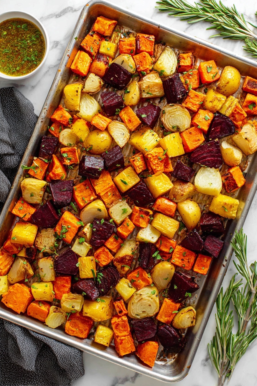 Roasted Root Vegetables, roasted root vegetables recipe, healthy roasted vegetables, seasonal vegetable side dish, easy roasted vegetable recipe - The image shows a silver baking tray filled with a mix of roasted vegetables spread evenly across the surface. The first layer consists of small cubed orange sweet potatoes, round orange carrot slices, cubed yellow potatoes, deep purple beet chunks, and pieces of pale yellow parsnips, all showing a slight crisp and roast marks. Scattered fresh green thyme and rosemary sprigs add a touch of greenery on top. In the upper left corner, a small white bowl with a green herb sauce sits on a white marbled surface next to a dark gray cloth napkin, and two fresh rosemary sprigs lay at the top right. The photo taken with an iphone --ar 2:3 --v 7