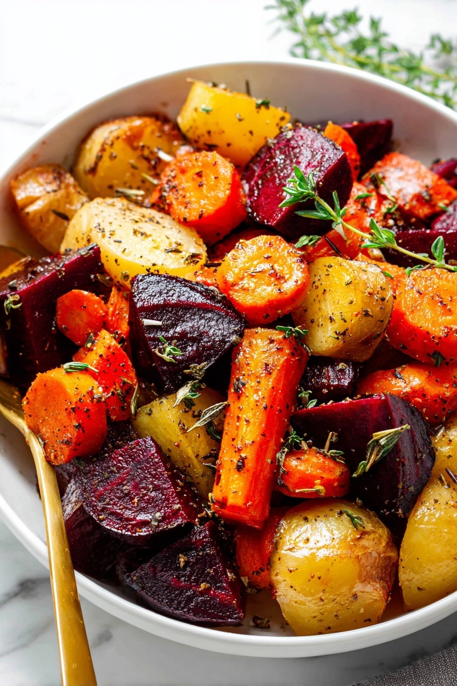 Roasted Root Vegetables, roasted root vegetables recipe, healthy roasted vegetables, seasonal vegetable side dish, easy roasted vegetable recipe - A white bowl filled with roasted vegetables showing about three layers mixed together: deep red beet pieces with a shiny surface, orange carrot rounds with a slightly caramelized look, and light yellow potato chunks with brown edges. They are all coated lightly with herbs and black pepper sprinkled on top. Small green sprigs of thyme are scattered over the vegetables, adding fresh green highlights. A gold spoon is placed inside the bowl on the left side. The background is a white marbled surface. photo taken with an iphone --ar 2:3 --v 7