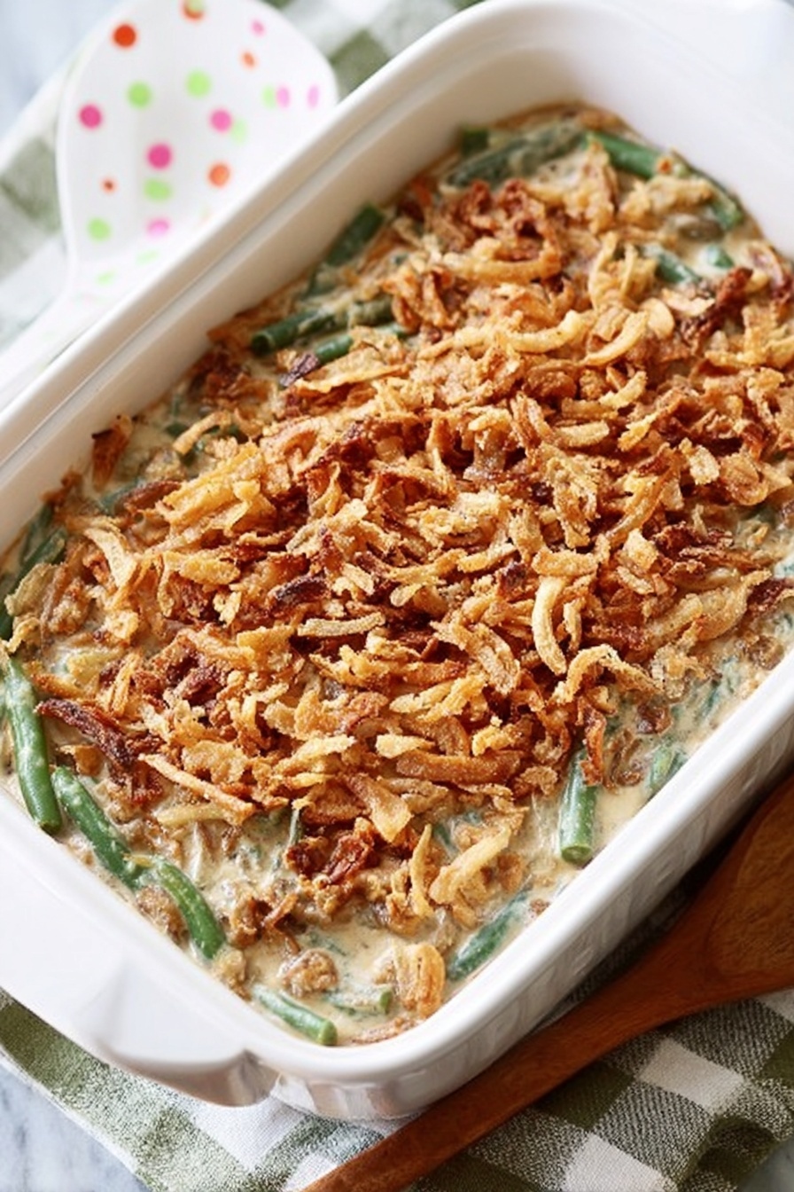 Green Bean Casserole with Bacon and Mushrooms, green bean casserole with bacon and mushrooms, cheesy green bean casserole, bacon mushroom green bean bake, comfort green bean casserole - The image shows a white rectangular baking dish filled with a creamy green bean casserole. The casserole has a smooth light beige sauce mixed with bright green beans as the second layer. The top layer is a thick, even spread of golden brown crispy fried onions, creating a crunchy texture on top. The dish sits on a white marbled surface next to a white slotted spoon with pastel polka dots. The scene is cozy and bright with soft natural light. photo taken with an iphone --ar 2:3 --v 7