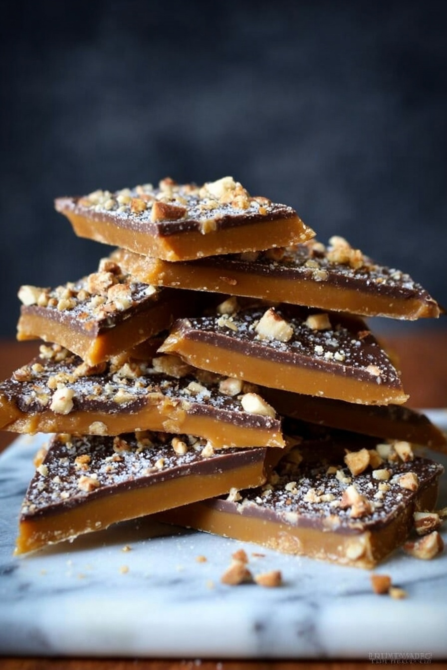 English Toffee with Chocolate and Nuts, easy toffee recipe, homemade toffee bites, crunchy toffee with chocolate, nutty caramel toffee - The image shows a stack of caramel toffee pieces on a white marbled surface. Each piece has three layers: a bottom smooth and light brown toffee layer, a thin middle dark chocolate layer, and a top layer sprinkled with small chopped nuts and a dusting of white flakes. The pieces are irregularly cut into triangles and stacked unevenly to form a small pile against a dark blurry background. The surface texture of the toffee layer looks smooth and firm, while the chocolate layer is solid and glossy. photo taken with an iphone --ar 2:3 --v 7