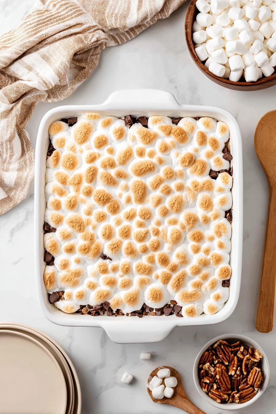 Sweet Potato Casserole with Marshmallows, holiday sweet potato casserole, festive sweet potato side dish, marshmallow-topped sweet potato bake, Thanksgiving sweet potato gratin - A white baking dish holds a square dessert with one layer of golden toasted marshmallows on top that are puffed and slightly browned in spots, forming a textured, uneven surface. Beneath the marshmallows, dark chocolate chunks peek through along the edges, surrounded by a gooey, melted layer. The dish rests on a white marbled surface. Nearby are a small white bowl filled with chopped pecans, a wooden spoon with a smooth texture to the right, a stack of white plates at the bottom left, and a brown bowl filled with small white marshmallows in the top right corner. A striped beige cloth is draped across the top left corner. Photo taken with an iphone --ar 2:3 --v 7