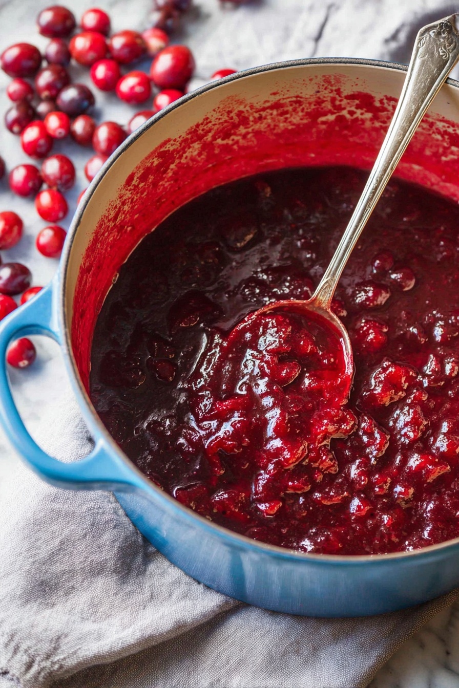 Simple Cranberry Sauce, easy cranberry sauce, homemade cranberry sauce, holiday cranberry sauce, fresh cranberry sauce - A close view of a blue pot filled with thick, chunky dark red sauce with visible whole cranberries and small bits of fruit, showing a textured surface. A silver spoon is resting inside the pot, partially submerged in the sauce. The pot sits on a light gray cloth with fresh whole red cranberries scattered around on a white marbled surface. The inside rim of the pot has red sauce stains. photo taken with an iphone --ar 2:3 --v 7