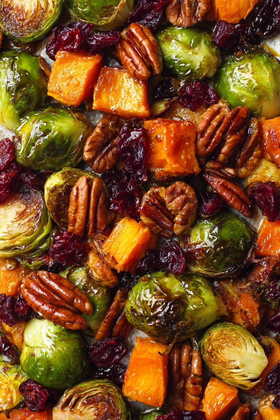 Winter Vegetable Salad with Roasted Squash and Brussels, healthy winter salad recipes, seasonal vegetable salad, roasted squash and Brussels sprouts salad, festive winter greens - The image shows a close-up view of a mixed roasted vegetable and nut dish. The base layer consists of green Brussels sprouts with slightly charred, browned outer leaves giving a crispy texture. Scattered among them are chunks of bright orange roasted sweet potatoes, slightly caramelized. Deep red dried cranberries add a sweet contrast, along with golden brown pecans that provide a crunch. The ingredients are glossy, likely coated with oil or glaze, creating a shiny, appetizing surface. The whole mix sits on a white marbled textured surface. photo taken with an iphone --ar 2:3 --v 7
