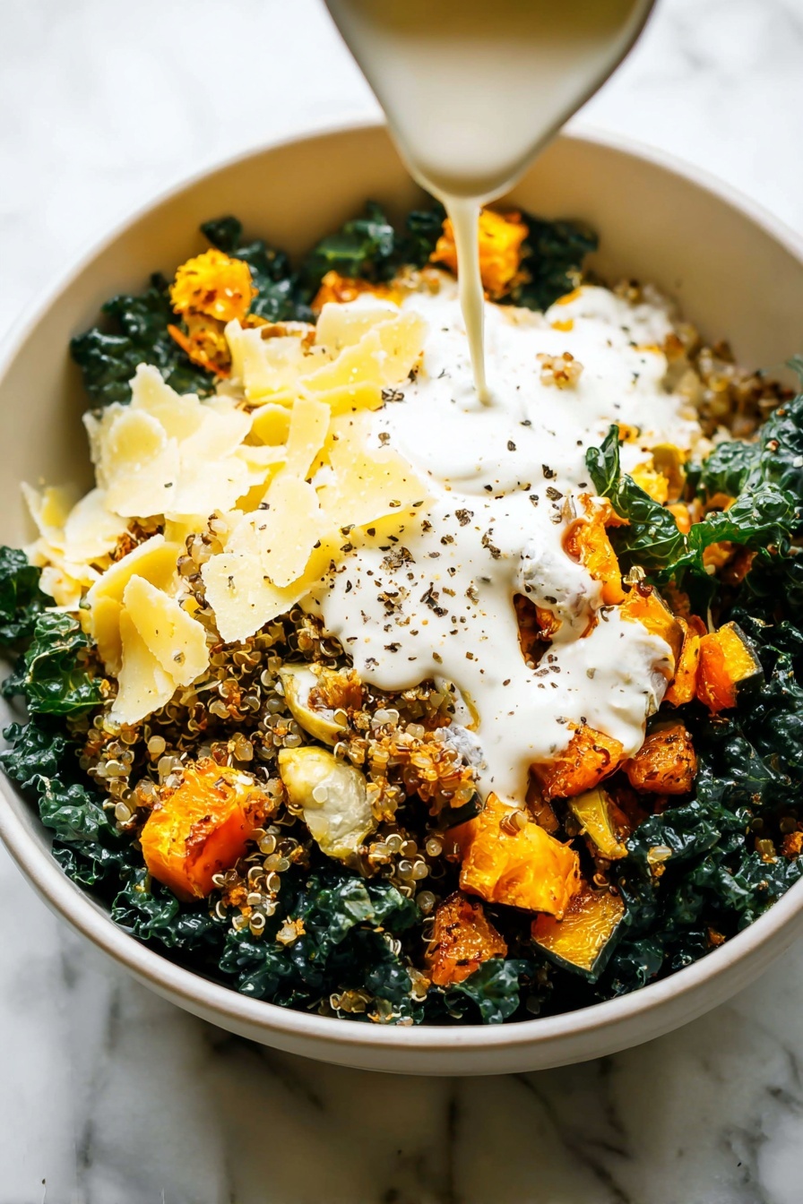 Autumn Caesar Salad with Roasted Delicata Squash, seasonal fall salad recipes, roasted delicata squash salads, healthy fall lunch ideas, easy autumn salads - A bowl filled with a salad that has three main layers visible: the bottom layer is dark green curly kale leaves, the middle layer consists of golden-orange roasted squash cubes with a slightly rough texture, and the top layer includes off-white thin slices of cheese scattered around. There are also light beige pine nuts sprinkled on top along with some small bits of toasted breadcrumbs, and thin slices of red onion mixed in. Two gold forks are placed in the bowl, partially submerged in the salad. The bowl is white and sits on a white marbled surface. Photo taken with an iphone --ar 2:3 --v 7