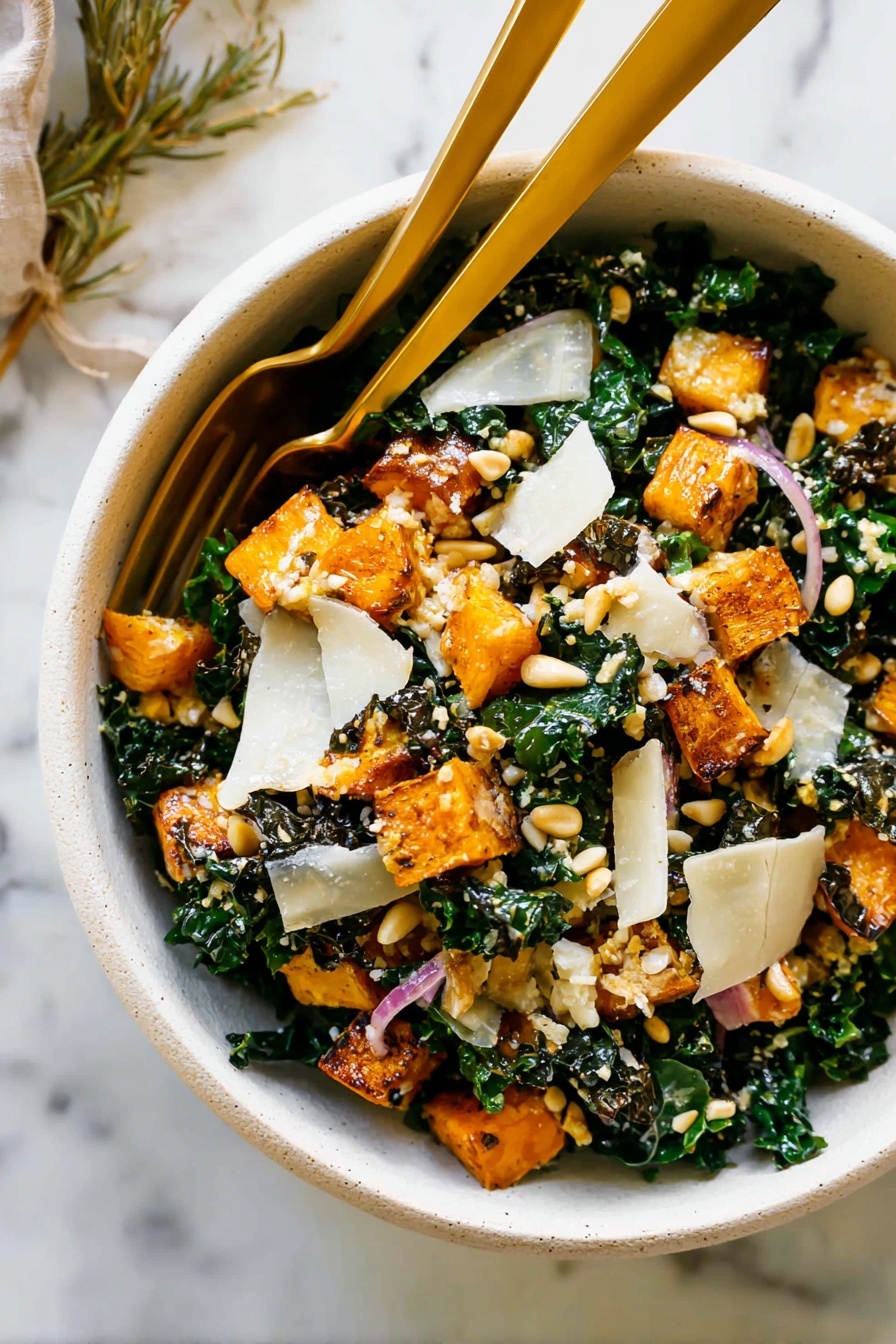 Autumn Caesar Salad with Roasted Delicata Squash, seasonal fall salad recipes, roasted delicata squash salads, healthy fall lunch ideas, easy autumn salads - The image shows a bowl with four layers. The bottom layer is dark green curly kale leaves, filling the bowl. On top of the kale is a layer of roasted orange and green squash chunks mixed with small brown crispy crumbs. Over that, there are scattered light yellow thin shavings of cheese sprinkled with black pepper. Finally, creamy white sauce is being poured over the top, drizzling down the squash, cheese, and kale. The bowl is white and set on a white marbled surface. The photo taken with an iphone --ar 2:3 --v 7