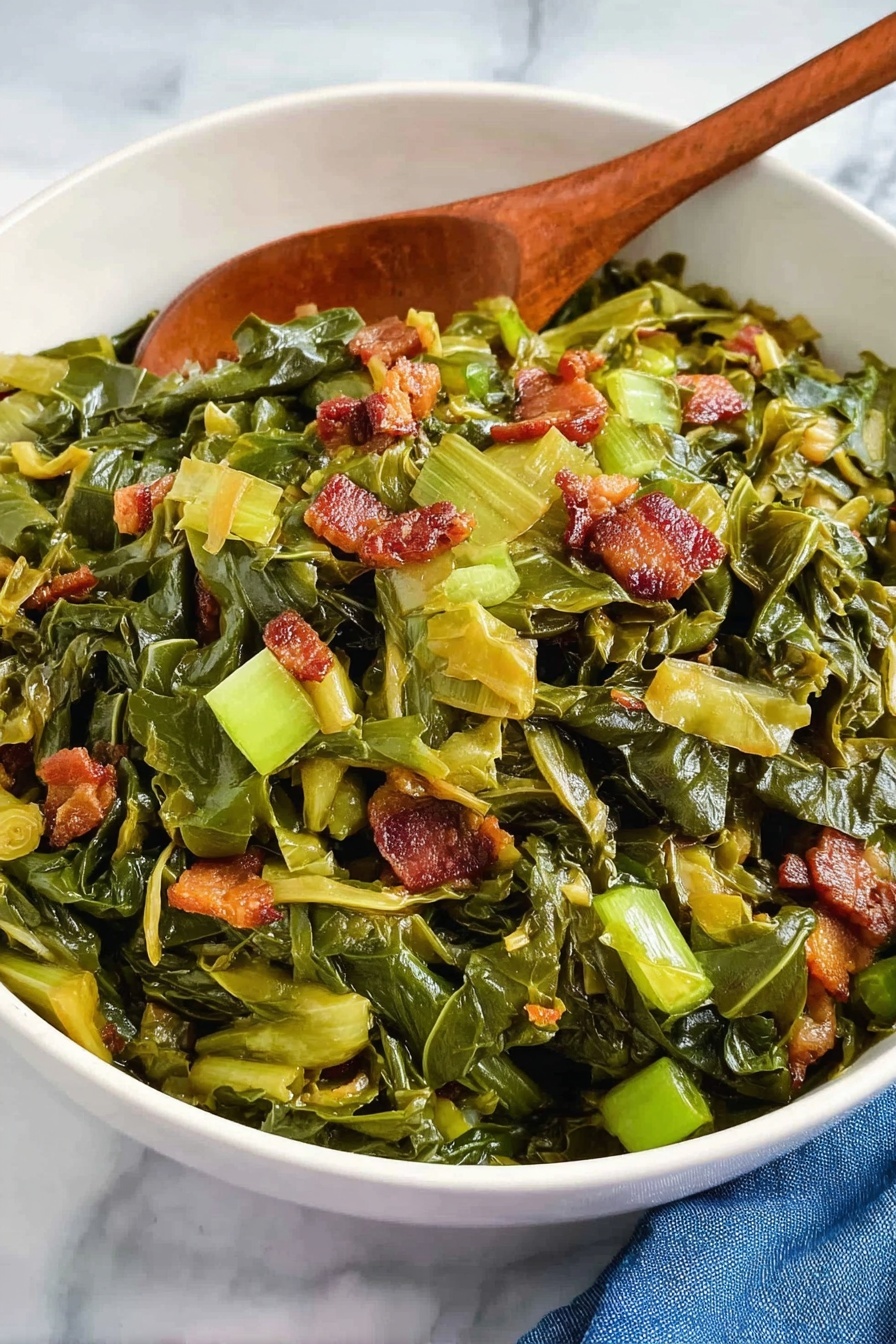 Savory Collard Greens with Bacon, collard greens recipe, bacon and greens dish, flavorful collard greens, Southern collard greens with bacon - A white bowl filled with cooked leafy green vegetables that look soft and slightly shiny, mixed with small pieces of browned and crispy bacon or meat. There are also light green chunks of what appears to be cooked celery or similar vegetable scattered evenly on top. A wooden spoon is placed inside the bowl, partially submerged in the food. The bowl sits on a white marbled surface with a blue cloth partially visible on the side. photo taken with an iphone --ar 2:3 --v 7