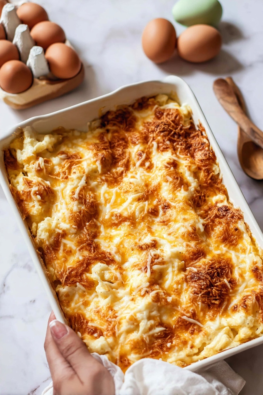Creamy Baked Mac and Cheese, cheesy baked mac and cheese, Southern baked mac and cheese, comfort food recipes, easy baked mac and cheese - A white ceramic rectangular baking dish filled with a baked casserole, featuring a thick, bubbly golden-brown cheese crust on top that appears crispy and slightly browned in spots. The casserole has uneven surface texture with melted cheese stretches and small browned patches. The dish sits on a white marbled surface, with part of a wooden spoon to the right and two eggs—a brown and a green one—in an egg holder on a wooden board in the top left corner. A woman's hand is not directly visible, but a white cloth is partly under the dish on the bottom right corner photo taken with an iphone --ar 2:3 --v 7