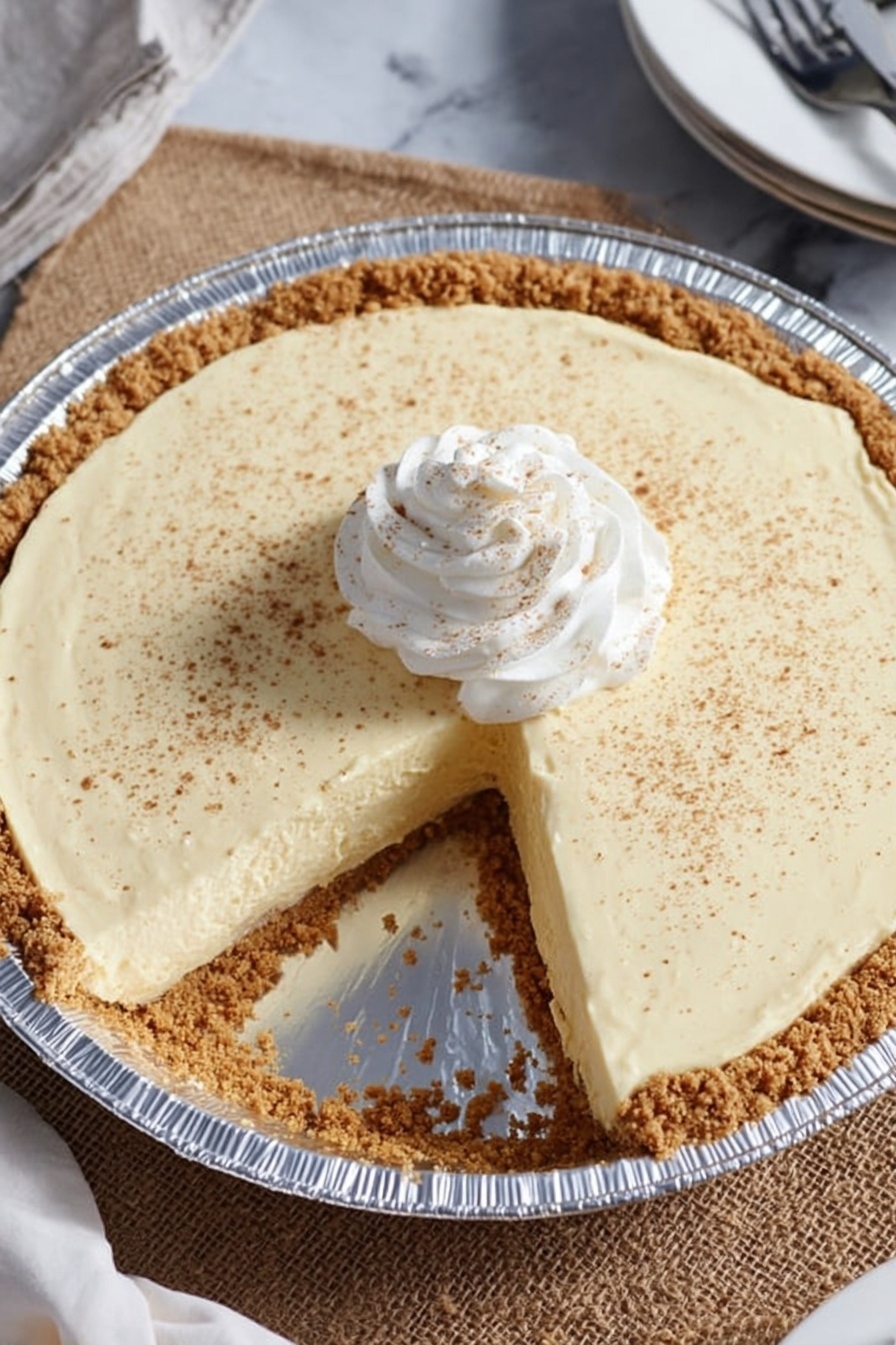 No-Bake Eggnog Pie, Eggnog Pie, Festive Holiday Desserts, Easy Holiday Pie, No-Bake Christmas Dessert - A pie with two visible layers sits on a white marbled surface with a dark cloth nearby. The bottom layer is a light brown crumb crust inside a shiny silver pie tin. The top layer is thick, creamy, and pale yellow, spread unevenly with soft swirls. To the upper right, part of a clear glass bowl with some creamy mixture and a wooden spoon is partially visible. Photo taken with an iphone --ar 2:3 --v 7