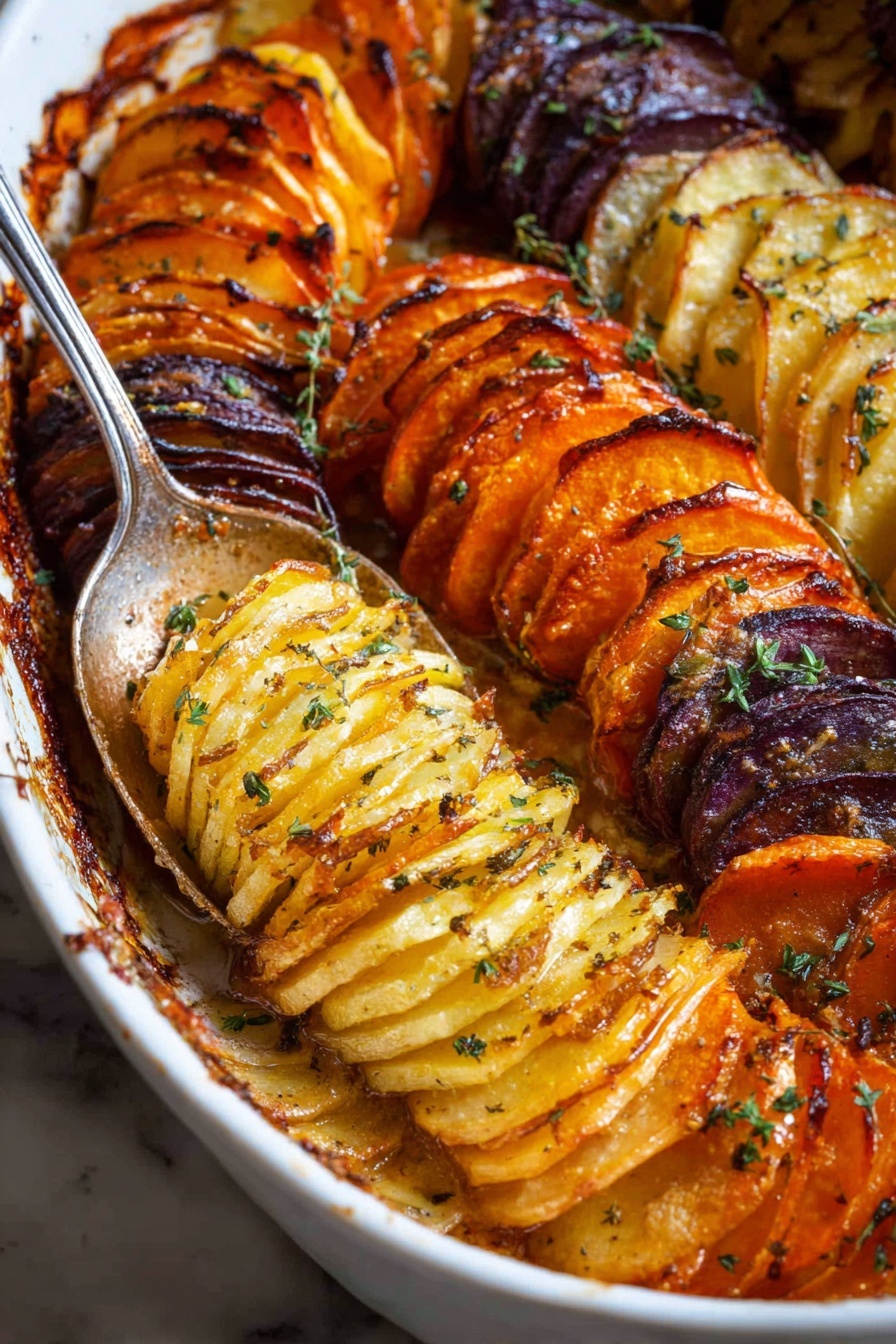 Cheesy Root Vegetable Gratin, root vegetable gratin, cheesy vegetable bake, baked root vegetables, vegetable side dish - A metal baking dish holds a layered vegetable gratin with five distinct rows of thinly sliced rounds arranged in a slightly curved pattern. The layers alternate in colors: dark purple eggplant on the far left, light yellow potato next to it, deep red beetroot in the center, bright orange sweet potato to the right, and creamy off-white potato on the far right. Each vegetable slice shows slight browning and charring at the edges, with a few fresh green thyme leaves sprinkled on top. A silver spoon rests inside the dish at the bottom left, partially covered with sauce residue. The background is a white marbled texture. Photo taken with an iphone --ar 2:3 --v 7