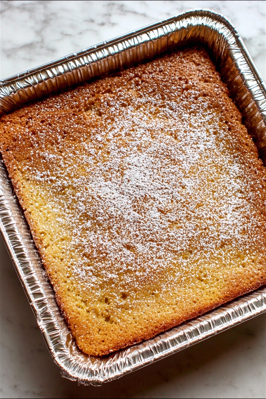 Coconut Milk Snack Cake, tropical snack cake, easy coconut cake recipe, moist coconut cake, simple dessert recipes - A single-layer golden brown baked square cake with a slightly crunchy top texture, evenly dusted with fine white powdered sugar. The cake is inside a shiny silver foil tray, showing the cake’s soft crumb and lightly crisped edges. The foil tray rests on a white marbled surface, highlighting the cake’s warm tones. photo taken with an iphone --ar 2:3 --v 7