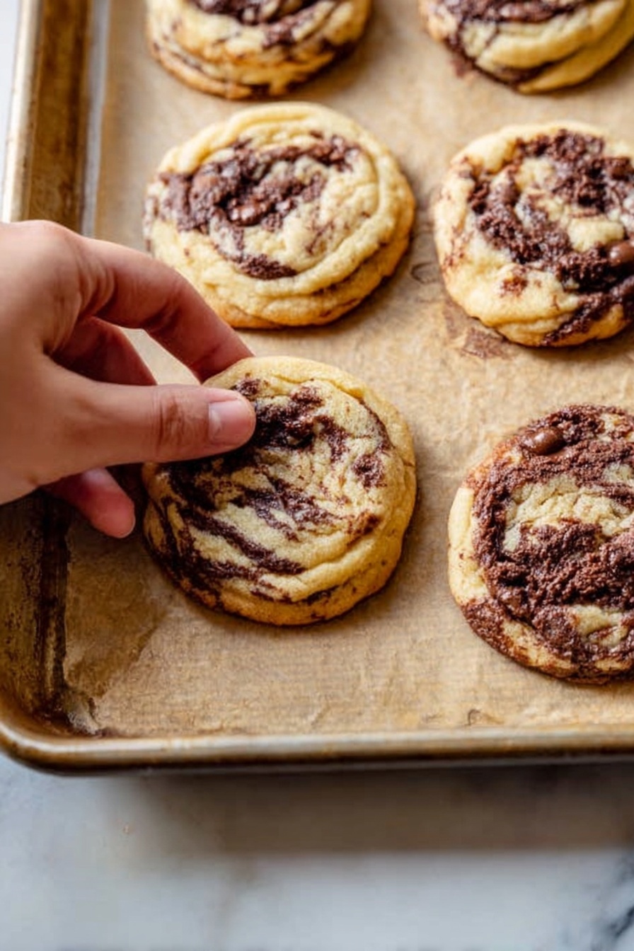 Cinnamon Cookie with Filling, Cinnamon Cookie Recipe, Soft Cinnamon Cookies, Chewy Cinnamon Cookies, Cinnamon Filled Cookies - A close-up view shows a woman's hand picking up one soft cookie from a baking sheet lined with parchment paper. The cookies are light golden brown with swirls of dark chocolate spread unevenly on the top, giving a marbled look. The baking sheet is placed on a white marbled surface. The cookies are round and slightly puffed, with a soft texture visible from the slight cracks and folds on the surface. There are about seven cookies on the sheet, spaced apart evenly. Photo taken with an iphone --ar 2:3 --v 7