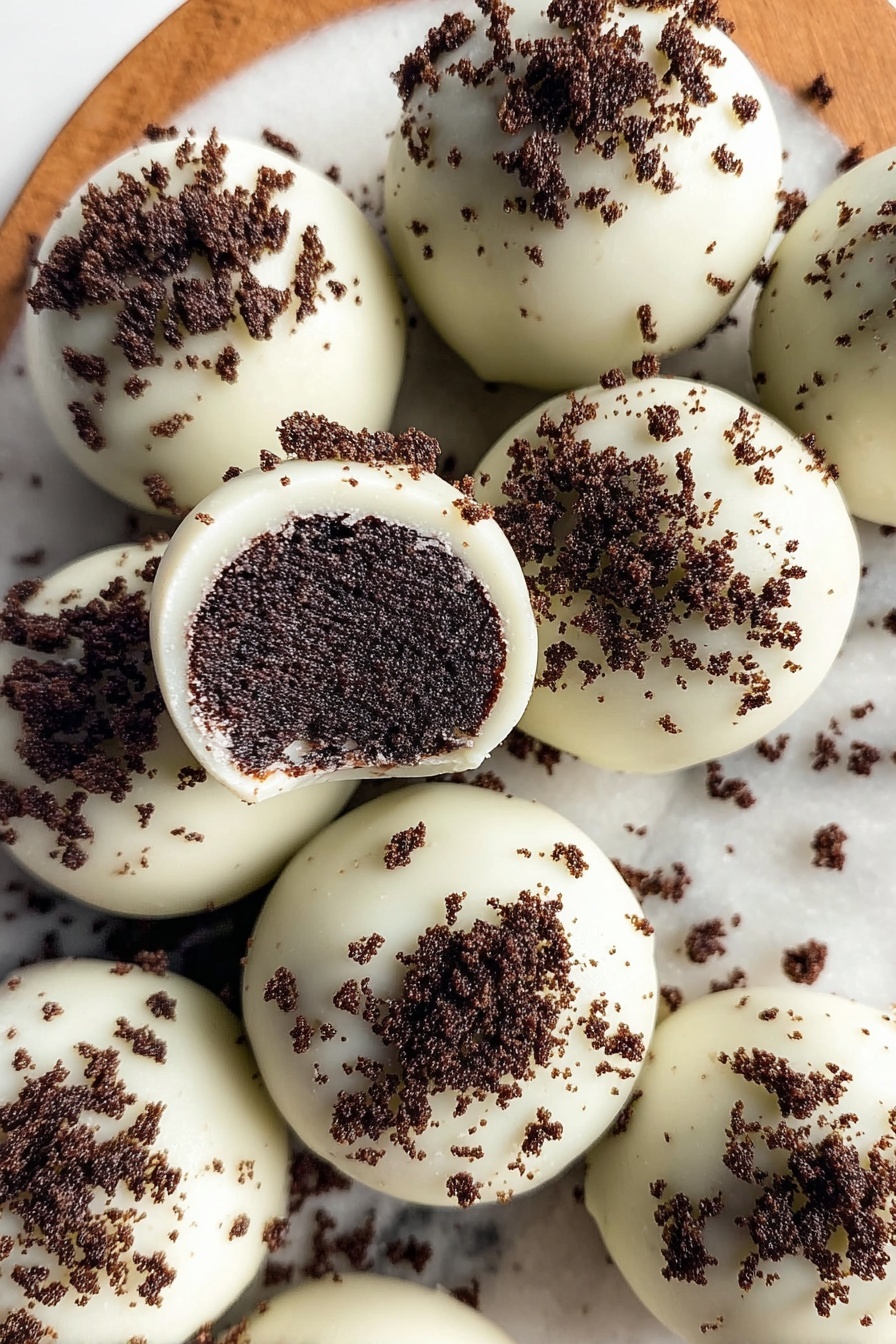 Easy Oreo Truffles, Oreo truffles no bake, Oreo balls dessert, quick Oreo treats, simple no bake dessert - The image shows a close-up of several small round treats stacked together on a white marbled surface, each topped with a layer of smooth white coating. The tops of the treats are sprinkled with dark brown crumbled bits that create a rough texture against the smooth coating. The treats appear shiny and smooth with a consistent round shape, all crowded closely, filling most of the frame. photo taken with an iphone --ar 2:3 --v 7