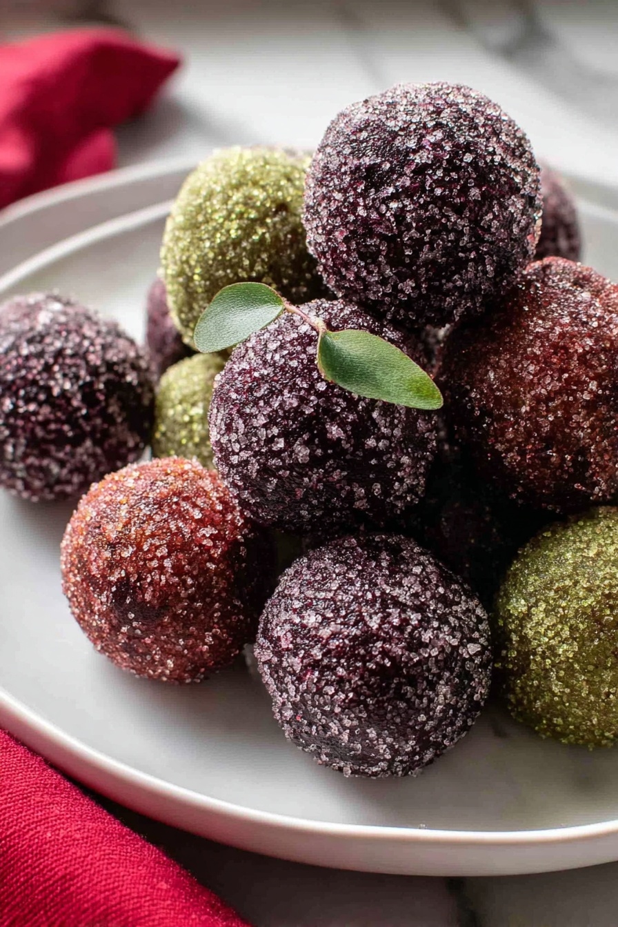 Festive Sugar Plum Balls, holiday Christmas treats, no-bake holiday cookies, winter party candies, seasonal dessert bites - The image shows a white plate with a pile of round, sugar-coated balls that have a rough texture from the sugar crystals. There are about ten balls in the pile, with colors mostly in dark purple, reddish-brown, and a couple in a greenish shade. One of the dark purple balls near the center has a small green leaf on its side. The plate sits on a white marbled surface with a red cloth partially visible at the bottom left corner. The photo zooms in closely to highlight the sugar crystals and texture of the balls. photo taken with an iphone --ar 2:3 --v 7